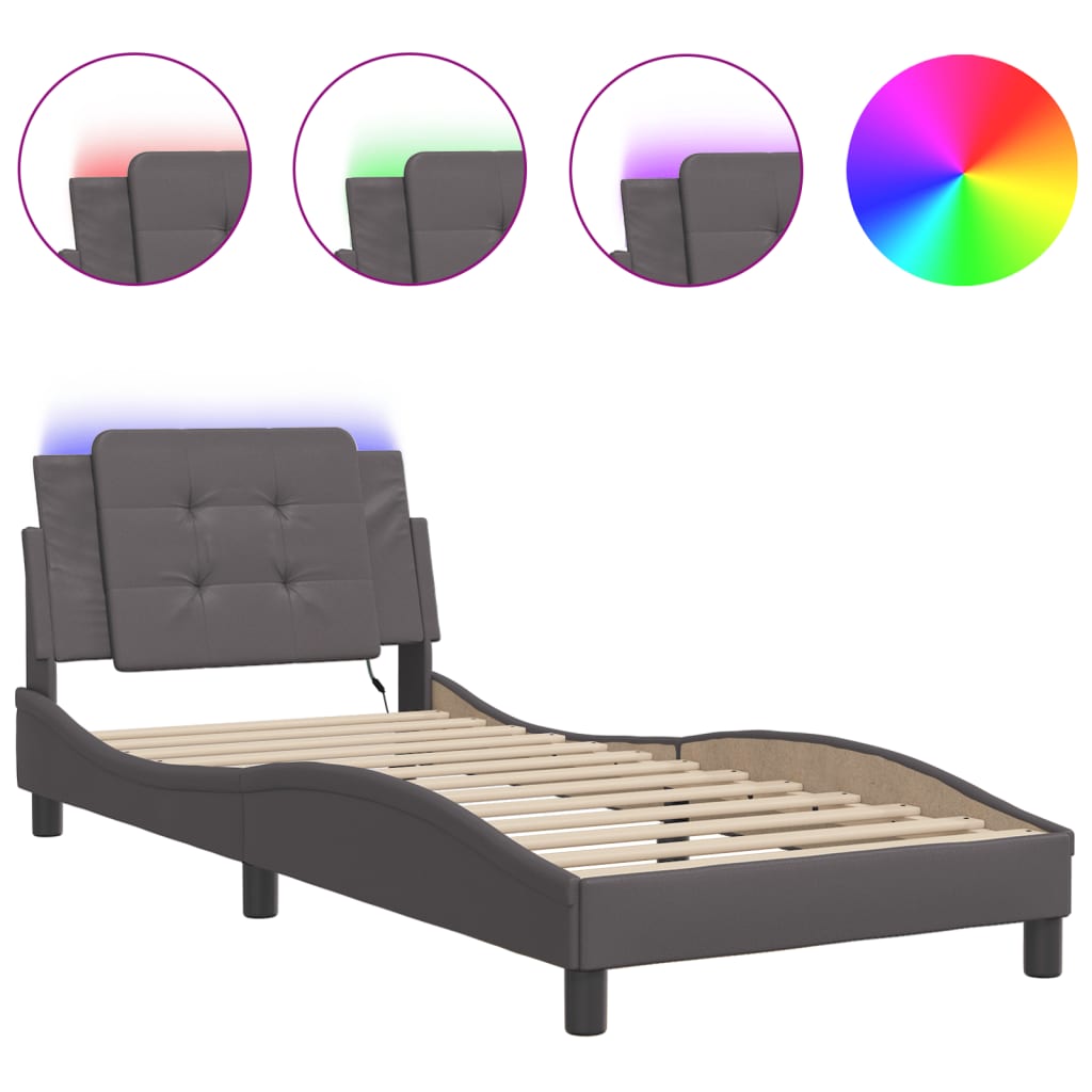 vidaXL Estructura de cama con luces LED cuero sintético gris 90x190 cm