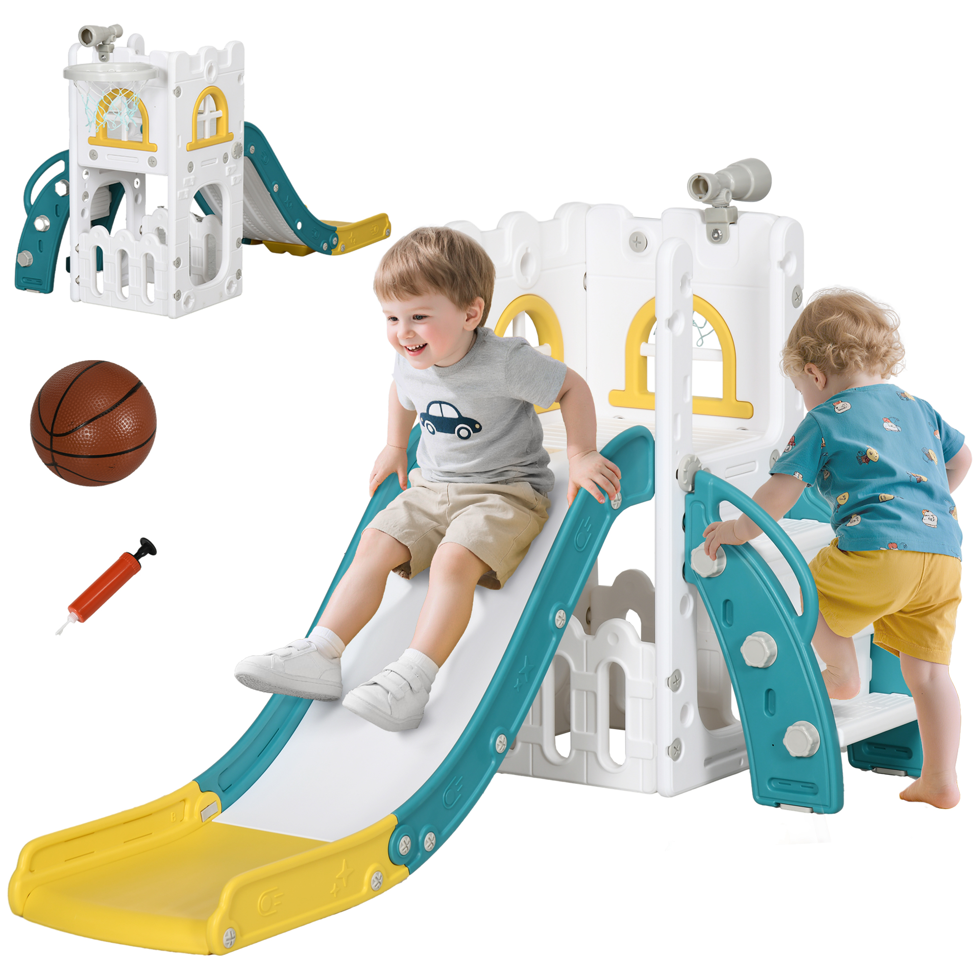AIYAPLAY Tobogán Infantil 5 en 1, Tobogán para Niños de 1-3 Años con Aro de Baloncesto, Telescopio, Escalador y Cesta Inferior, para Interior y Exterior, Amarillo y Verde