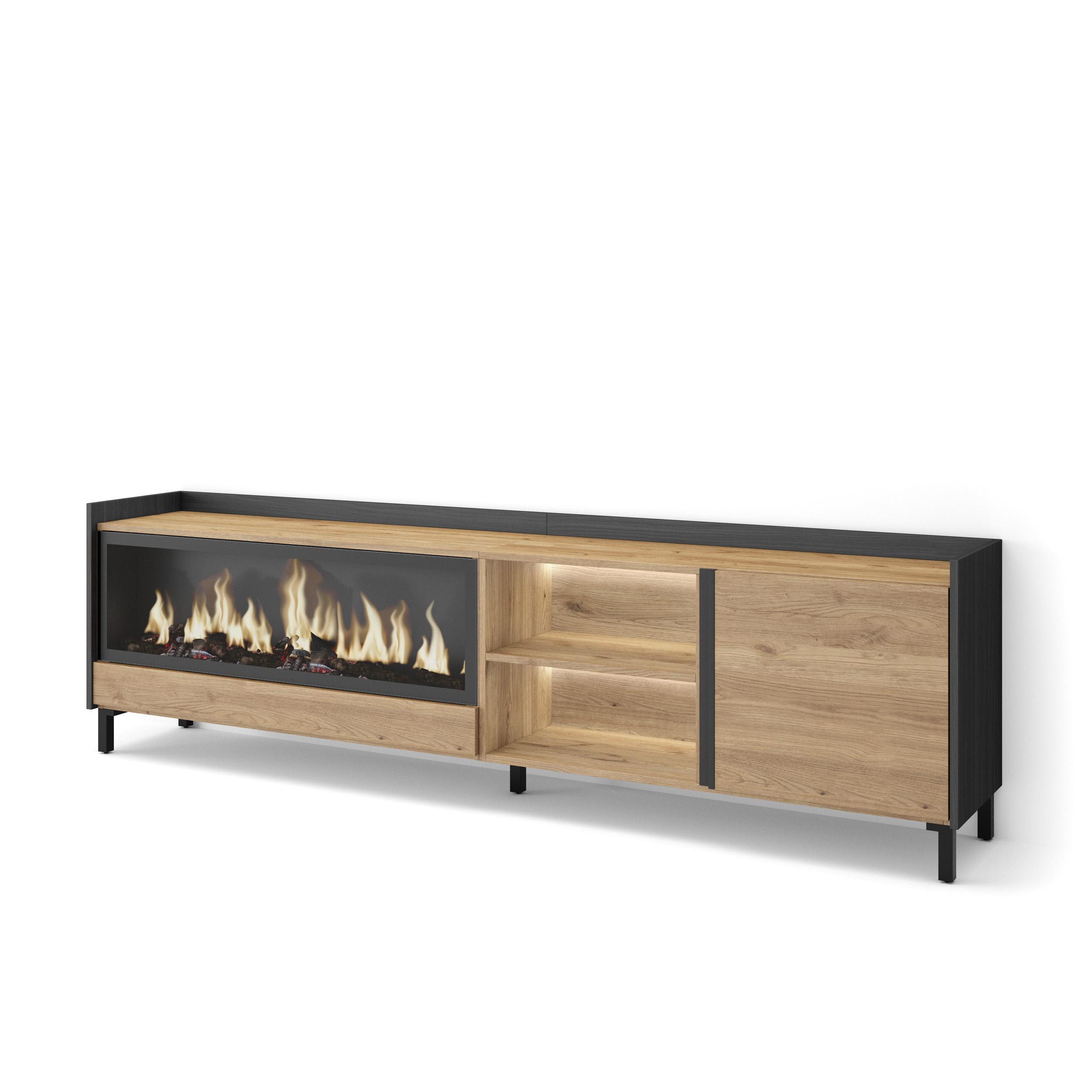 Mueble TV, Televisión, 212x35x61cm, Para TV hasta 80", Chimenea eléctrica XXL, Diseño industrial, LED