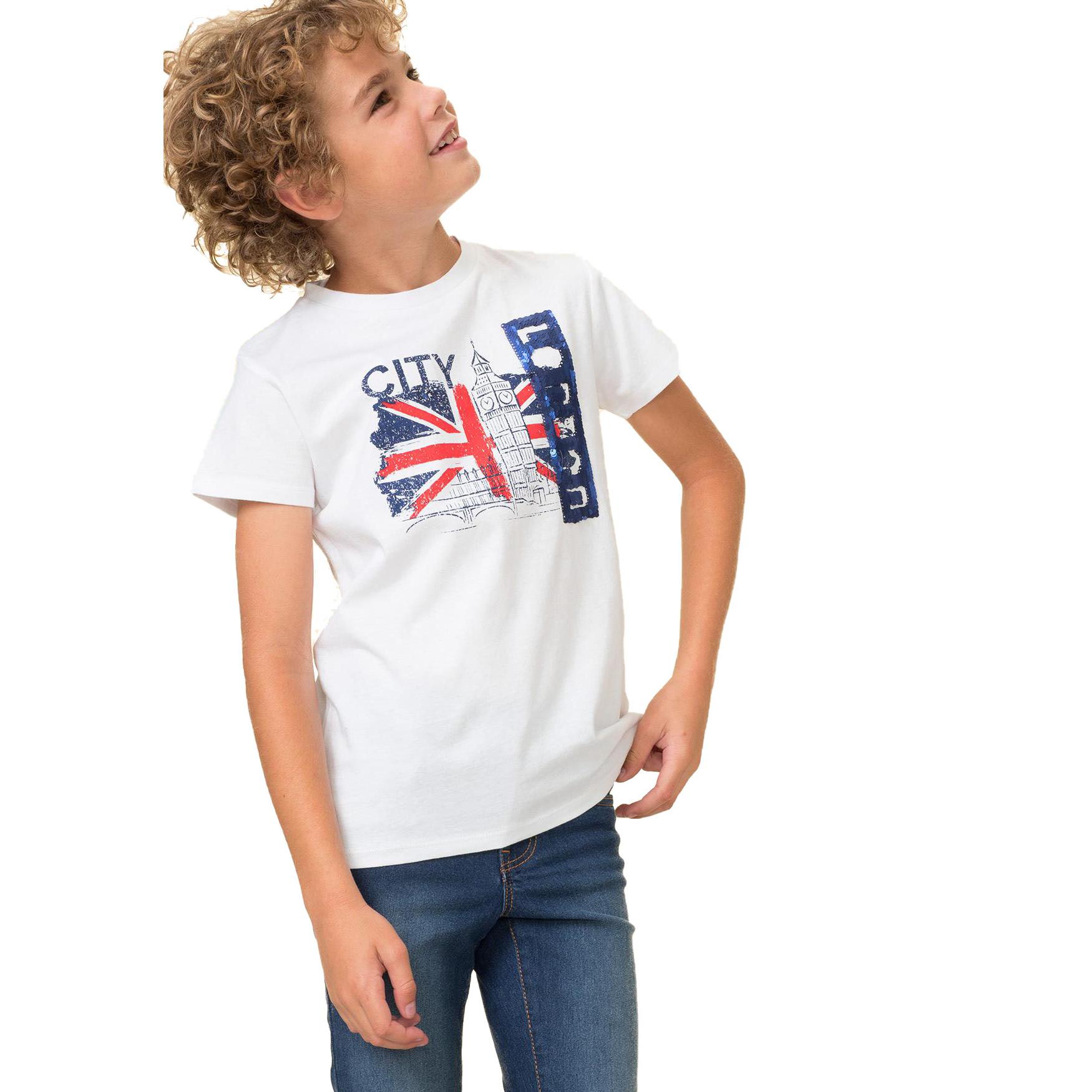 Camiseta niño Petit Alo - Color Blanco – diseño London lentejuelas reversibles – 100% algodón verano