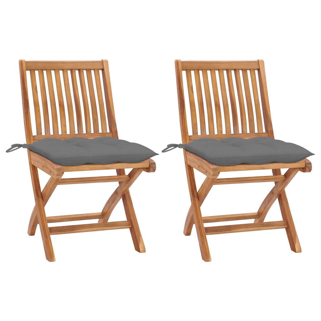 vidaXL Sillas de jardín 2 uds madera maciza de teca con cojines gris