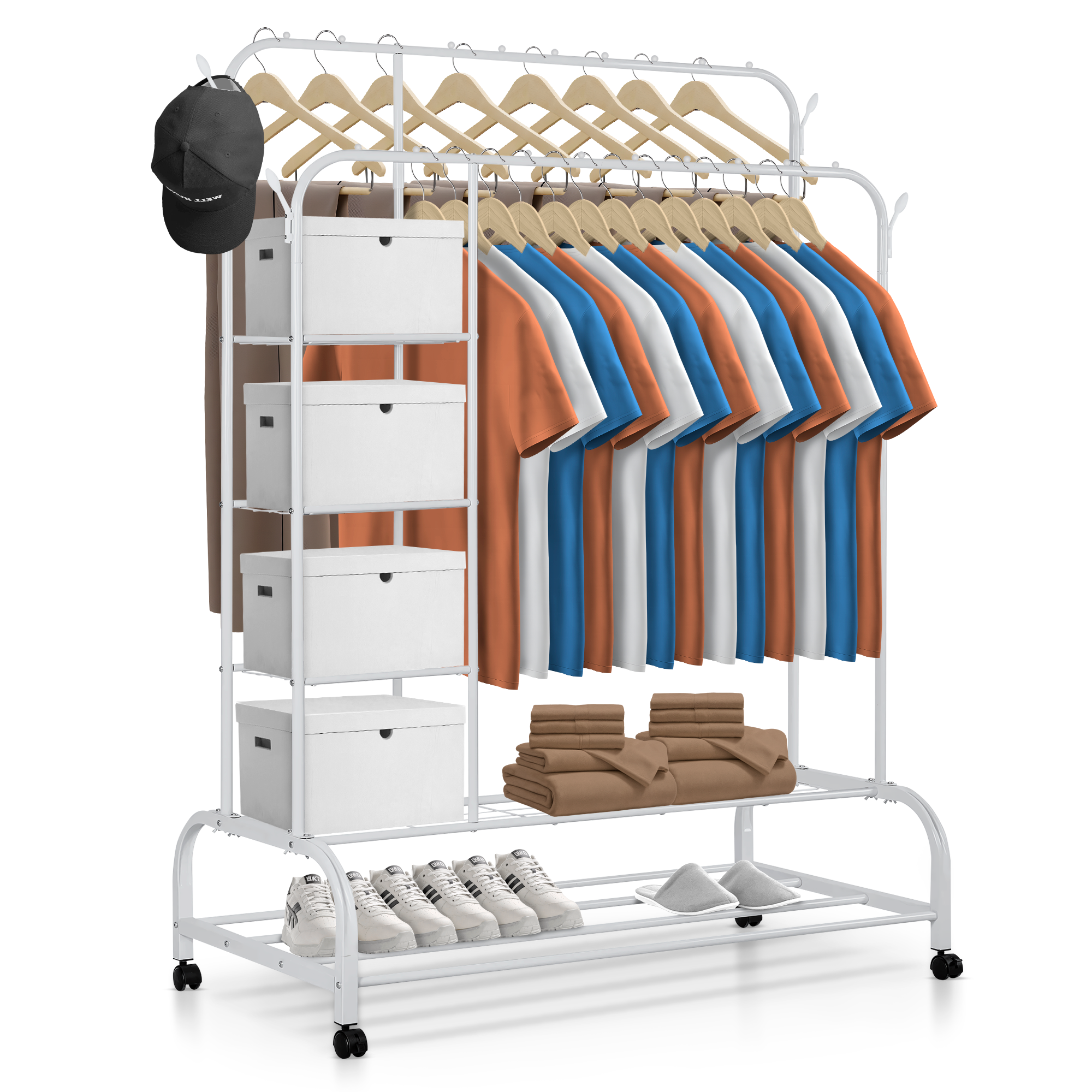 RELAXTY Burro Ropa Resistente Doble con Soporte, 146x110x54cm, Metálico, Perchero de Ropa con Zapatero