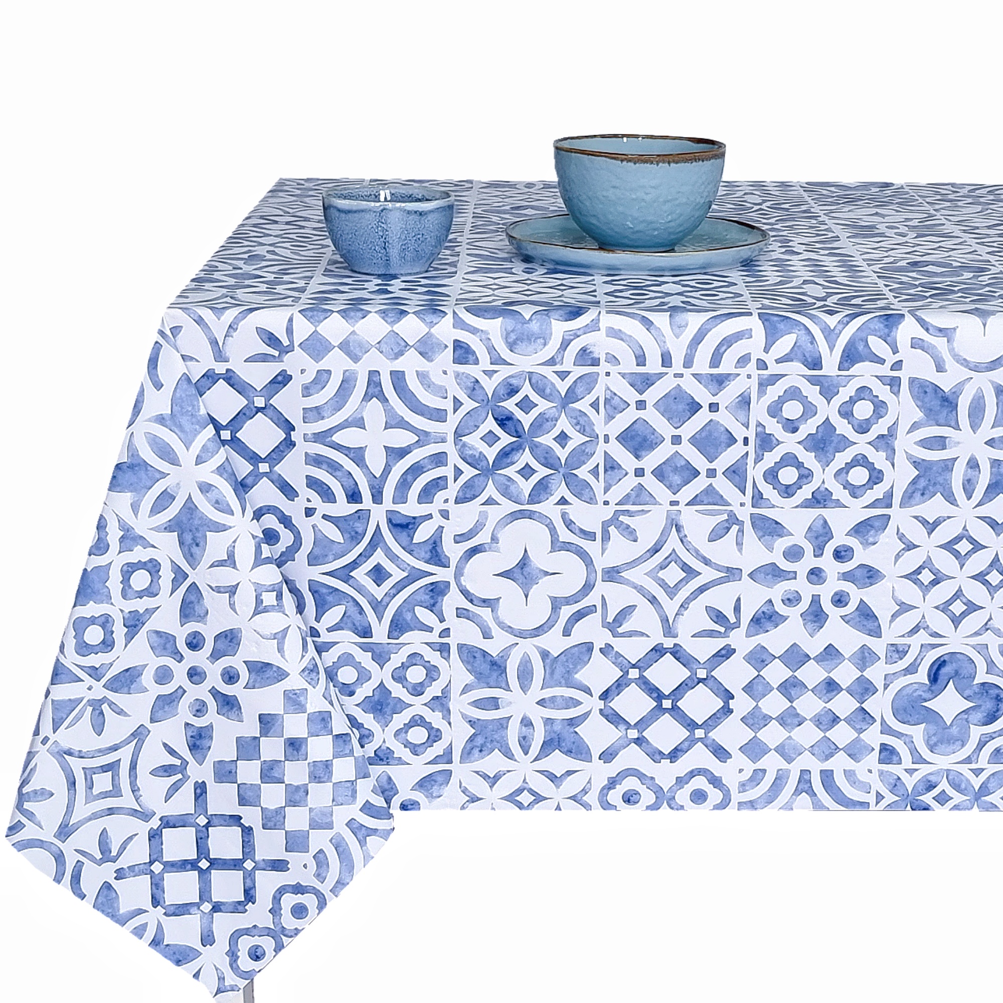 Mantel hule pvc plastico, rectangular, Ideal para el hogar, Cocina, Comedor, Jardin, Balcon, Salon y picnic. Fácil de limpiar, Impermeable,  Azulejo mosaico, Cerámica,  Azul  1030