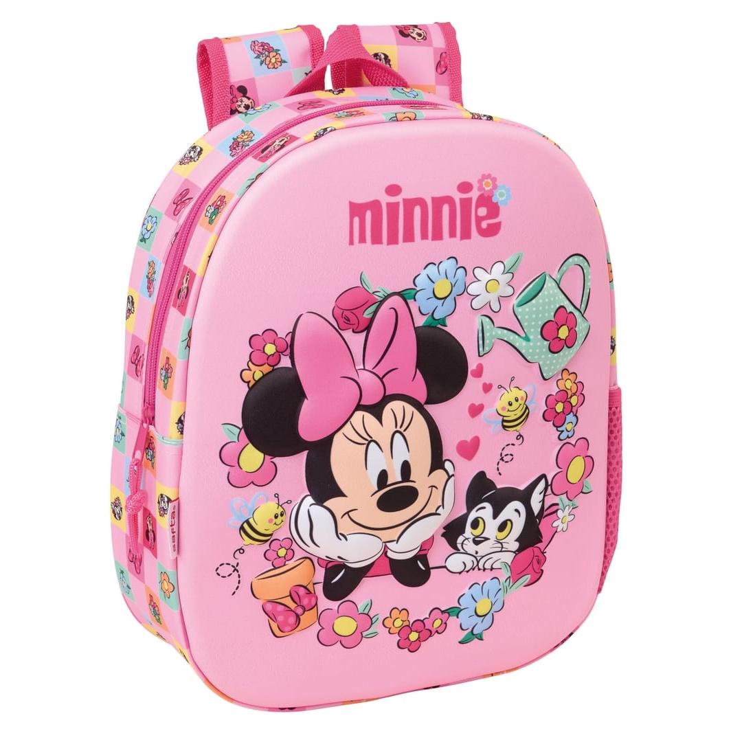 SAFTA | Mochila Escolar Disney Minnie Mouse 3D con Leds Frontal Termoconformado, Hombreras Acolchadas y Asa Superior, Bolsillo Lateral Portabotellas, Infantil Vuelta al Cole, Rosa, Talla Única