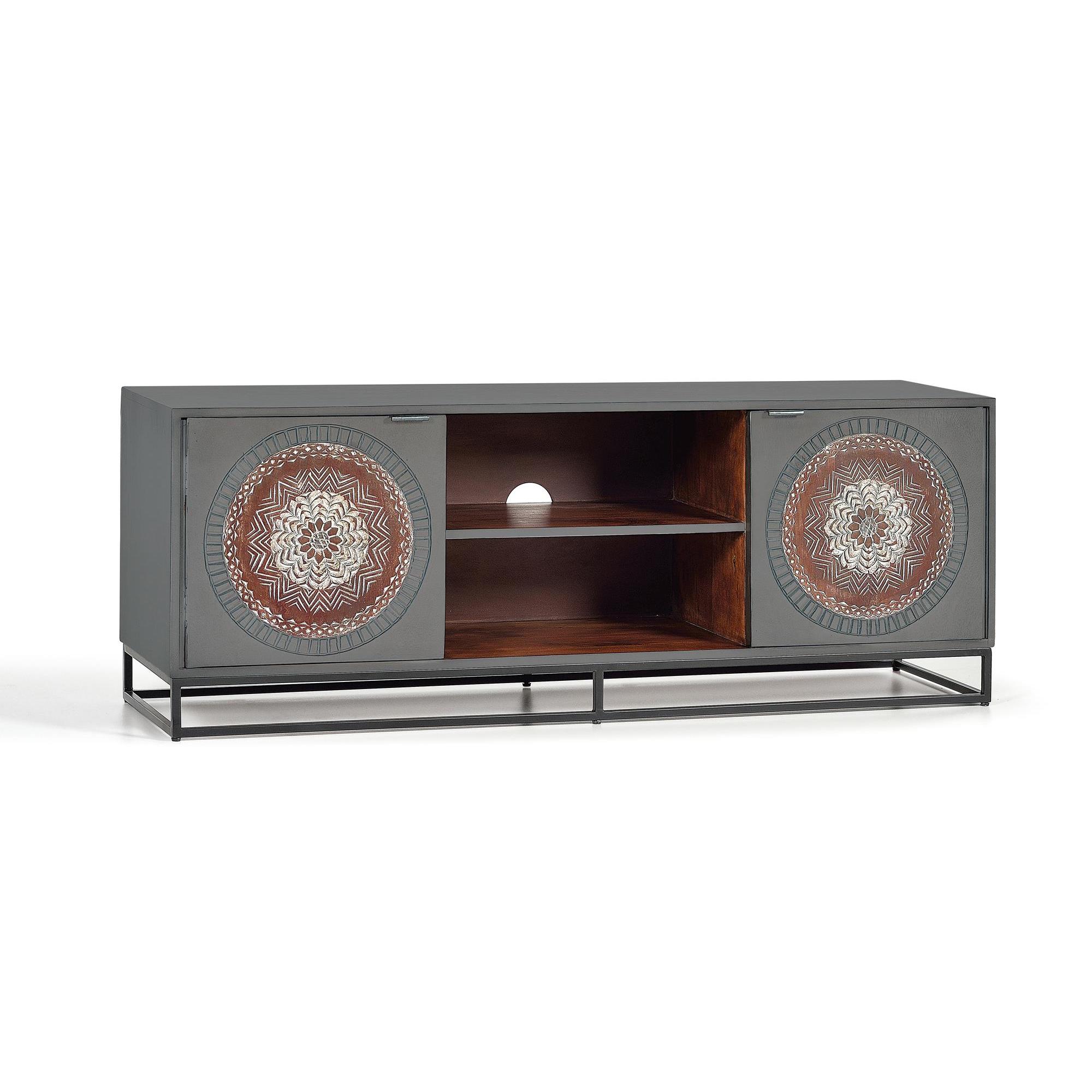 Mueble TV madera de mango y patas de metal gris y marron