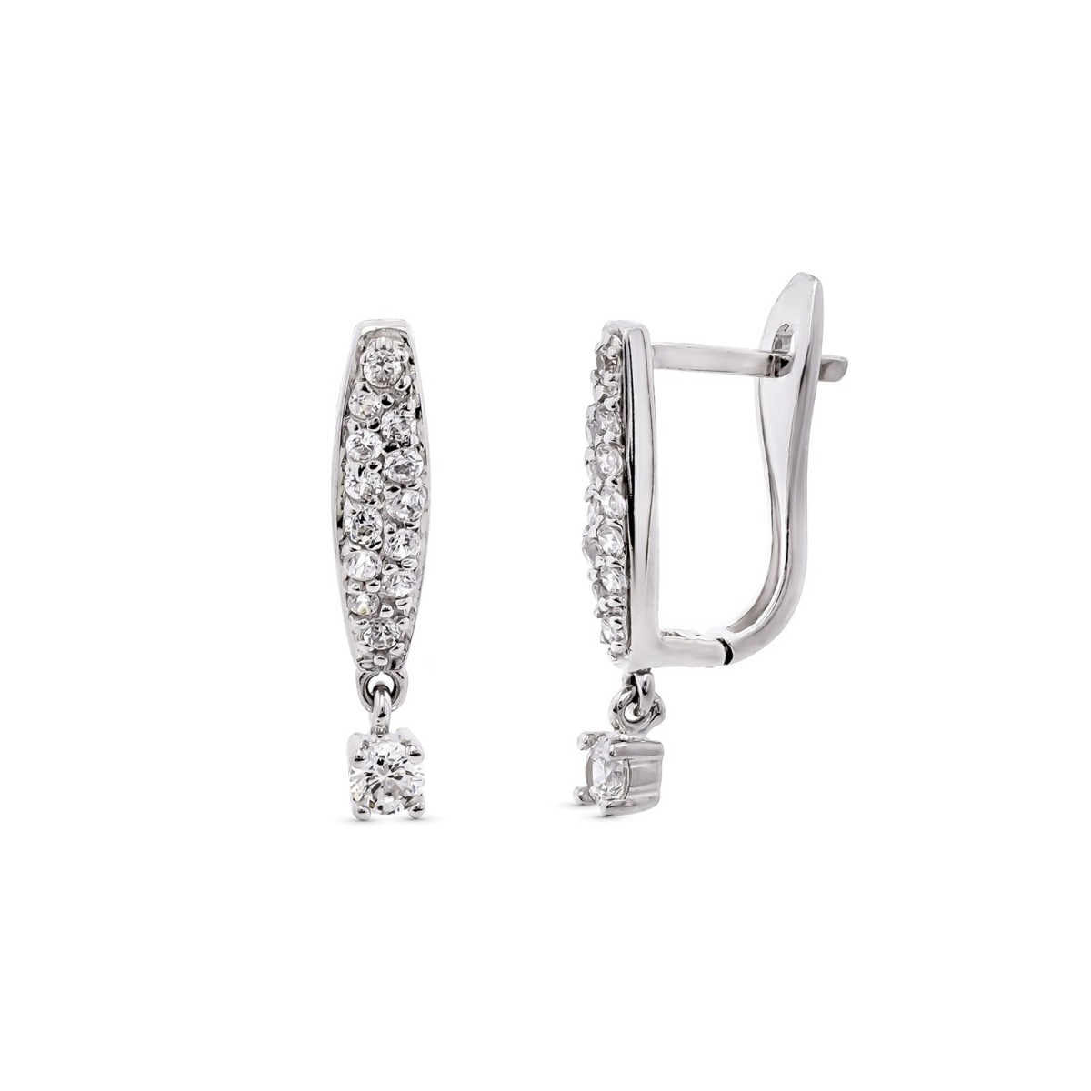 Pendientes oro blanco 18k mujer largos 20 mm. forma ovalada circonitas cierre palillo catalán