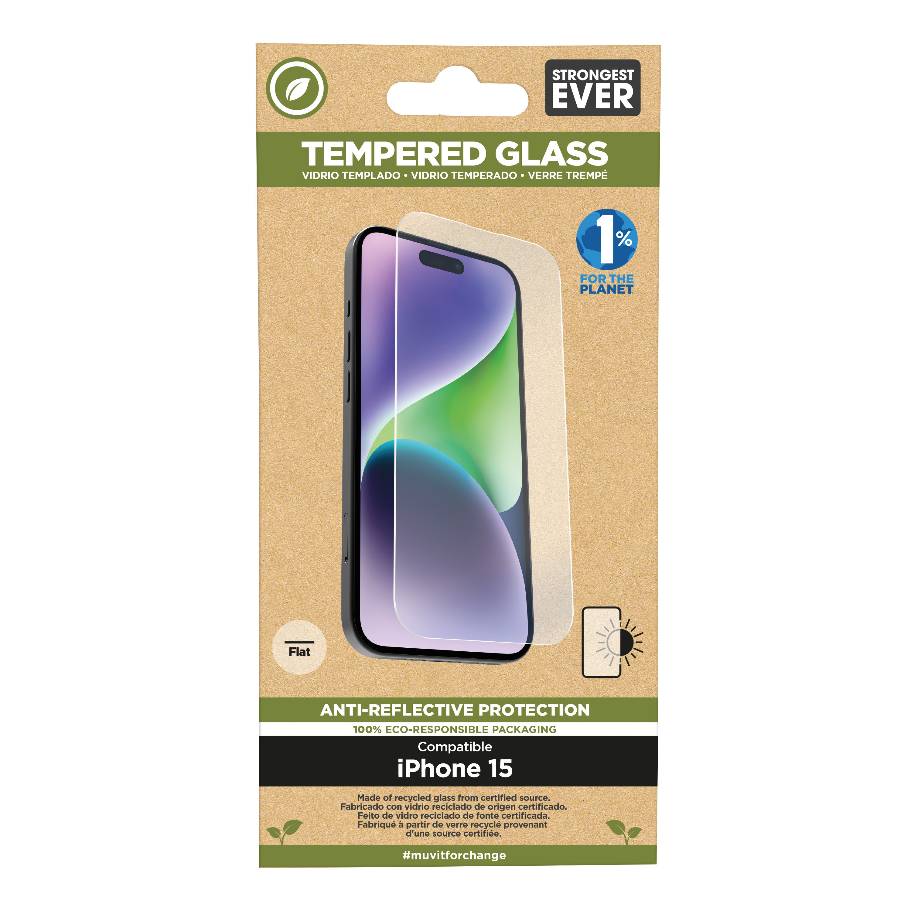 muvit for change protector pantalla recycletek anti-reflejo compatible con Apple iPhone 15 vidrio templado plano