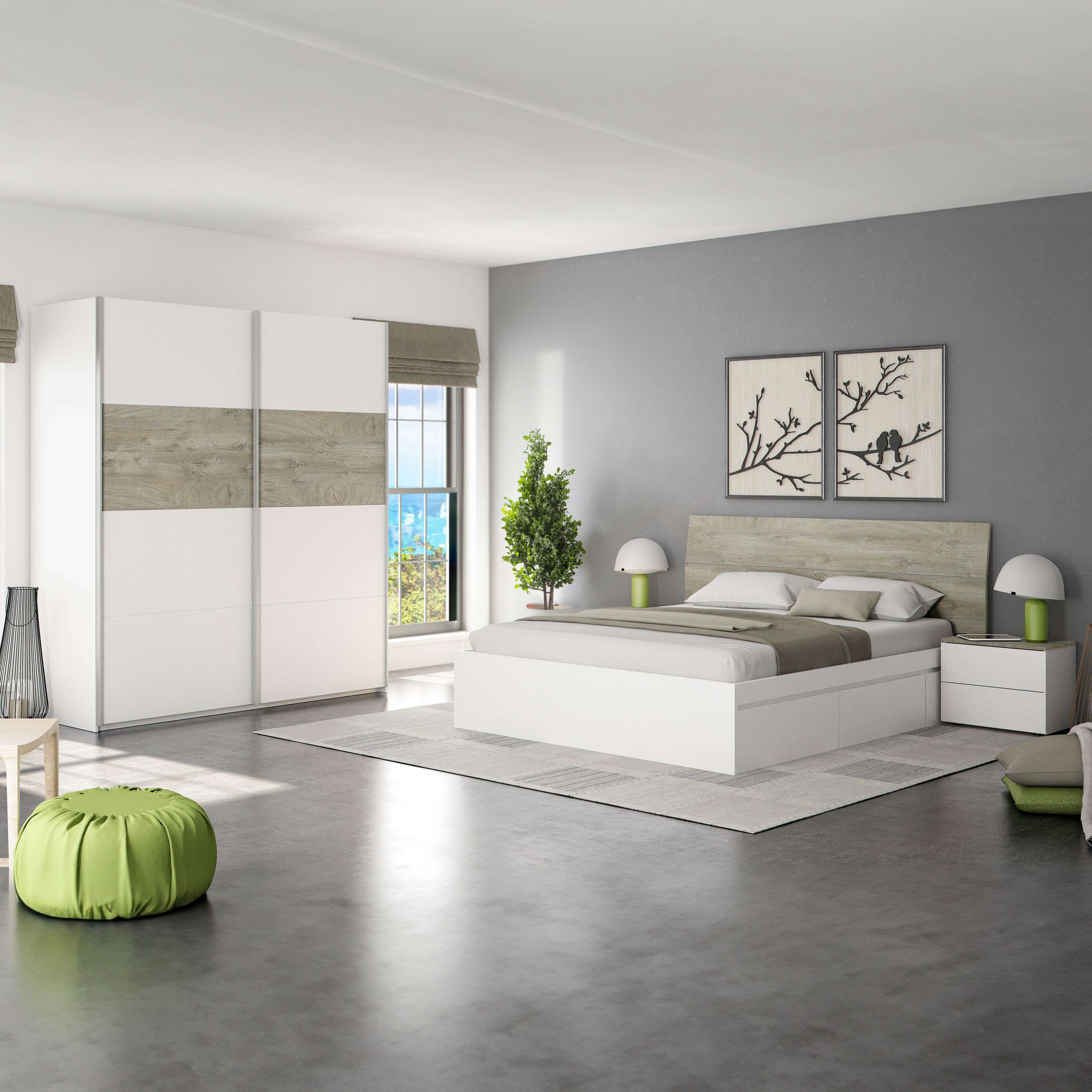 Miroytengo Pack Muebles Dormitorio Completo con en Color Roble Alaska y Blanco Artik Estilo nórdico (Cama + Cabecero + Mesitas + Armario)