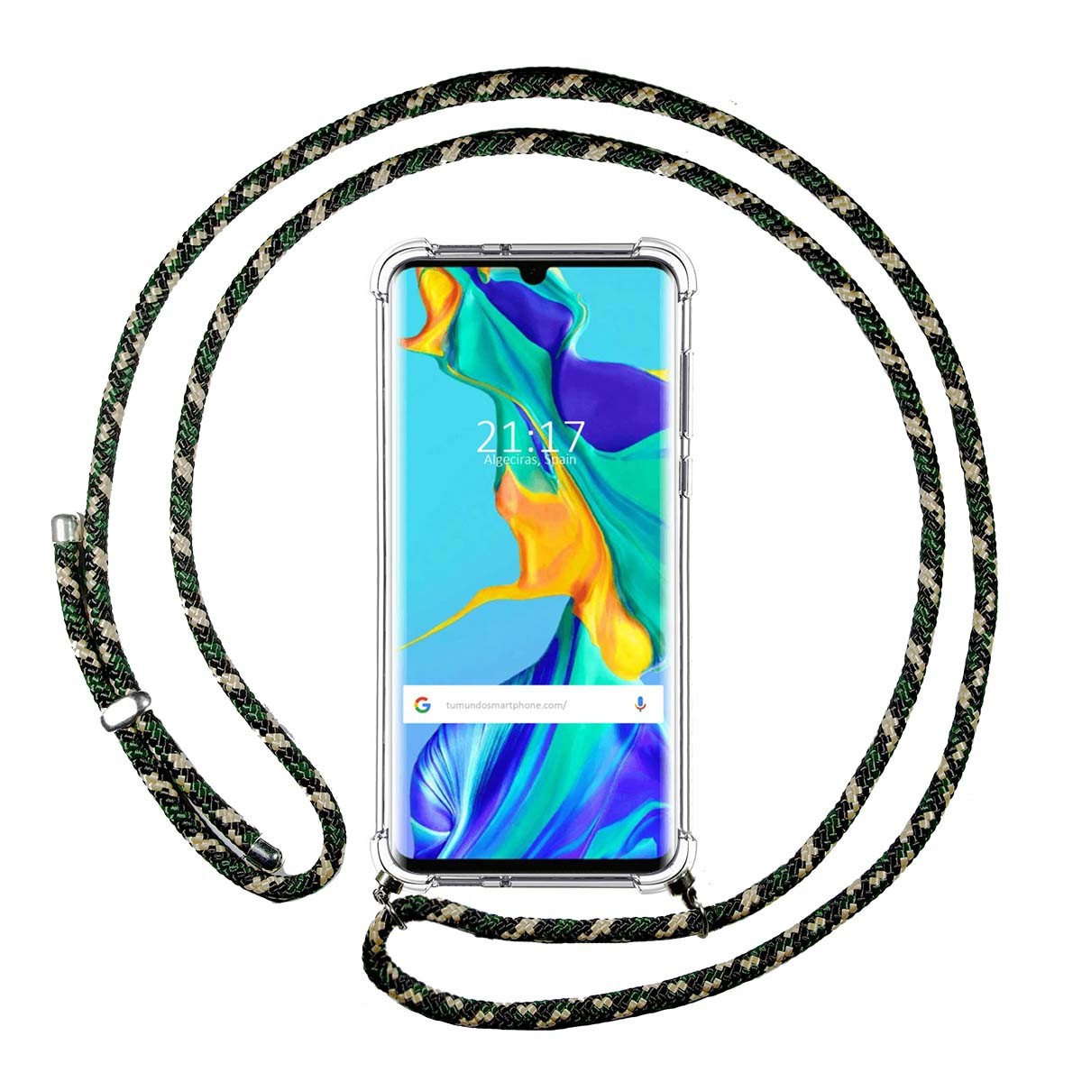 Tumundosmartphone Funda Colgante Transparente para Huawei P30 Pro con Cordon Verde / Dorado