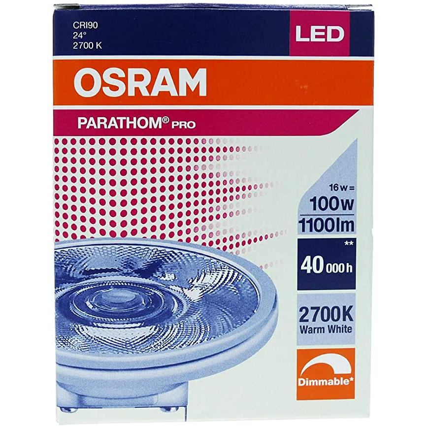 OSRAM - Bombilla LED AR111 G53 13,5 W 12 V 2700K ángulo de haz 24º regulable para sustituir halógenas en luces interiores, apliques pared interior y lámparas de techo