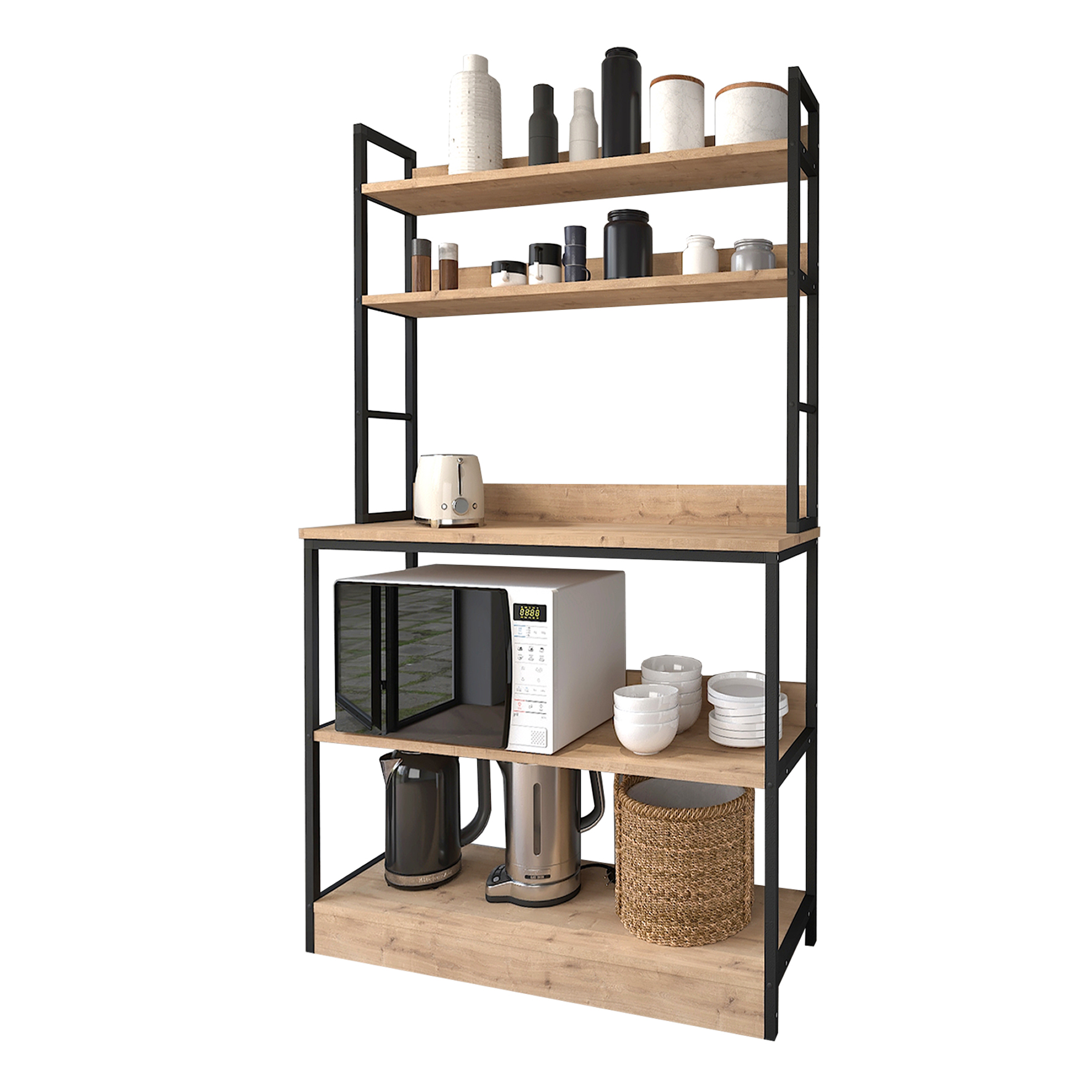 Estantería alacena de cocina de estilo industrial con 4 estantes melamina color roble Safir. Estructura metálica negra. (Alto 161 / Ancho 101 / Fondo 18-36) cm.