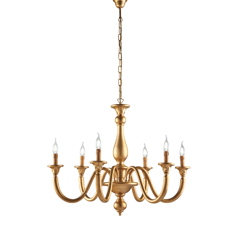 Lámpara de araña Lucca de madera dorada antigua, 6 luces, 129 cm, Ø86 cm, BL271-6-OR - Bonetti Illumina