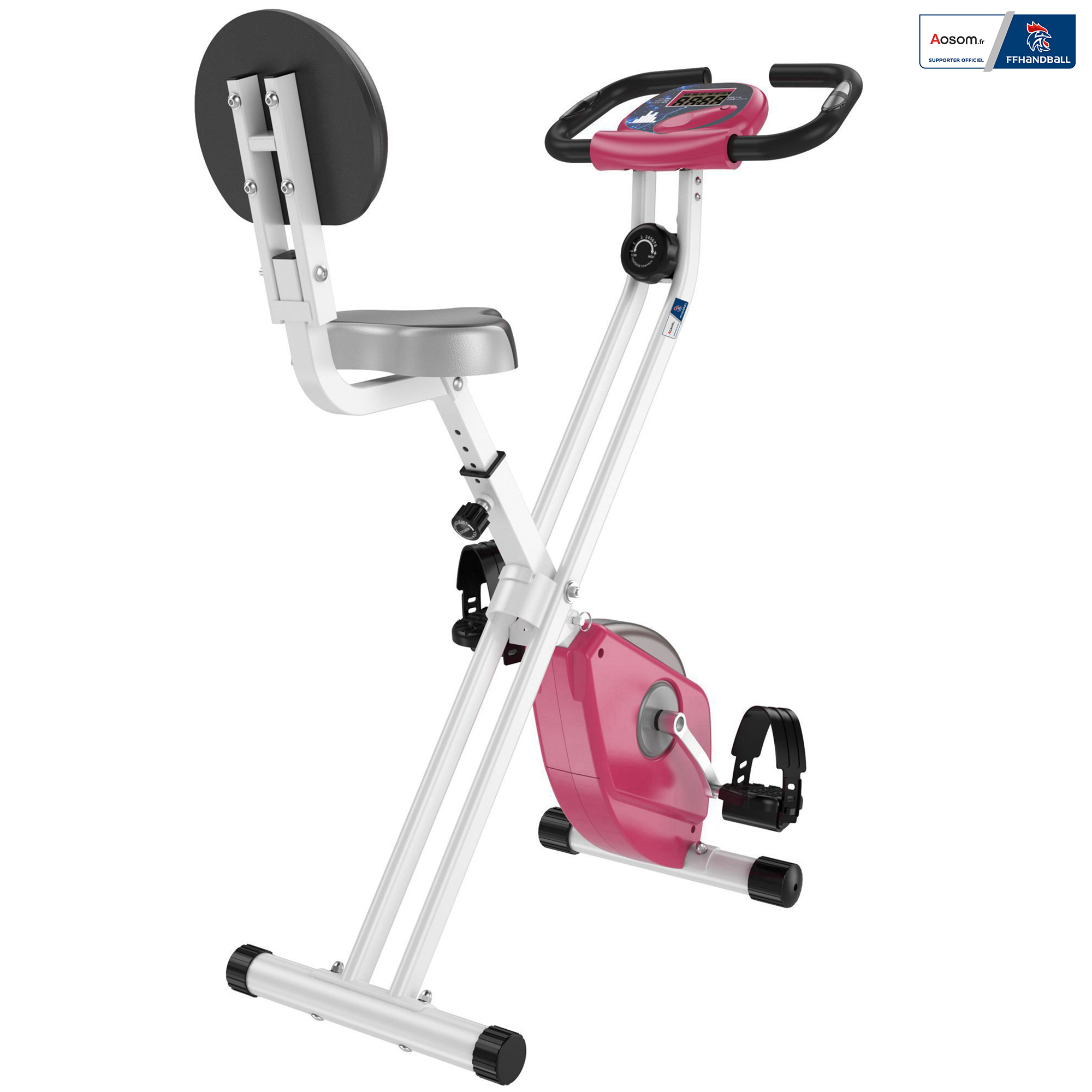 HOMCOM Bicicleta estática plegable - Colaboración Aosom.fr x FFHandball - 8 niveles de resistencia magnética con respaldo ajustable Pantalla LCD multifunción Sensor de frecuencia cardíaca