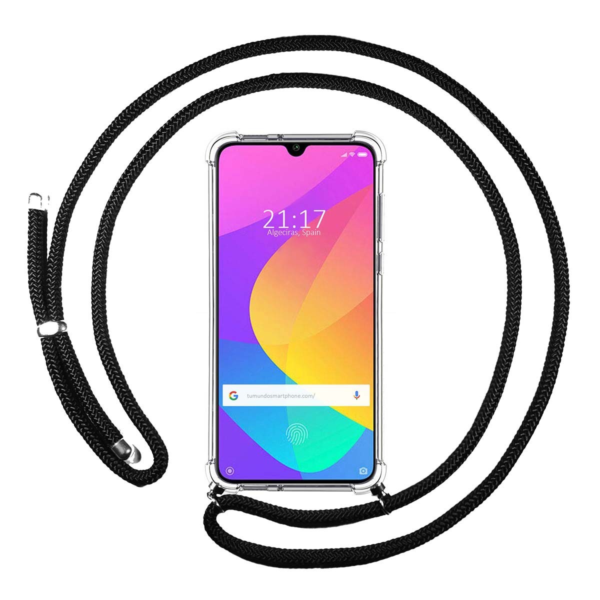 Tumundosmartphone Funda Colgante Transparente para Xiaomi Mi A3 con Cordon Negro