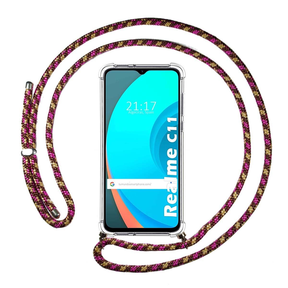 Tumundosmartphone Funda Colgante Transparente para Realme C11 con Cordon Rosa / Dorado