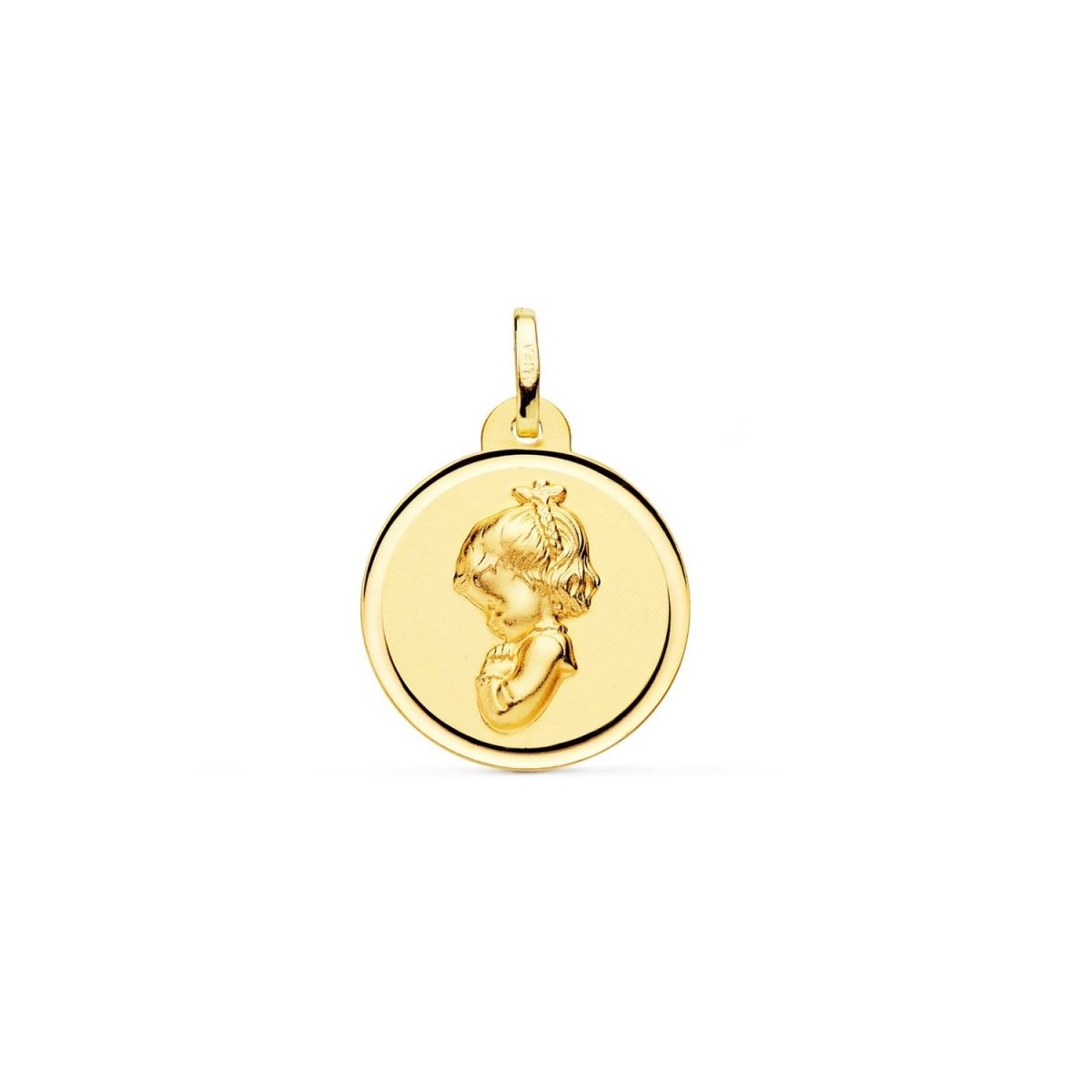 Virgen Niña medalla oro 18k Primera Comunión colgante 16 mm. rezando bisel liso