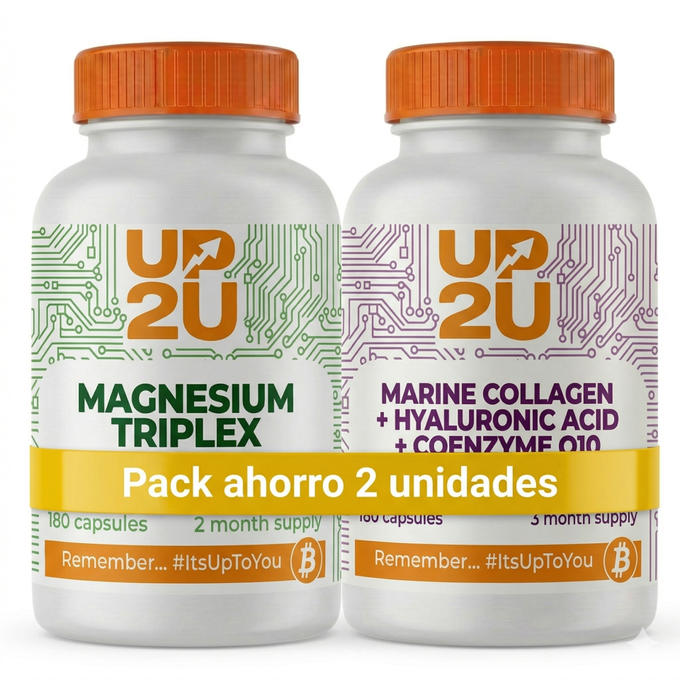 Pack Magnesio Complex (Biglicinato + Malato + Citrato) + Colágeno Marino Hidrolizado con Ácido Hialurónico, CoQ10, Zinc y Vitaminas – Recuperación Muscular, Articulaciones y Descanso – Pack 180 +180 Cápsulas – UP2U Nutrition