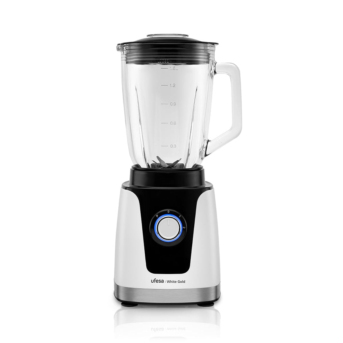 Ufesa - Batidora de vaso White Gold 1.5L 1500W con 6 cuchillas de acero inoxidable, función turbo y jarra de cristal apta para lavavajillas, ideal para smoothies, purés y granizados