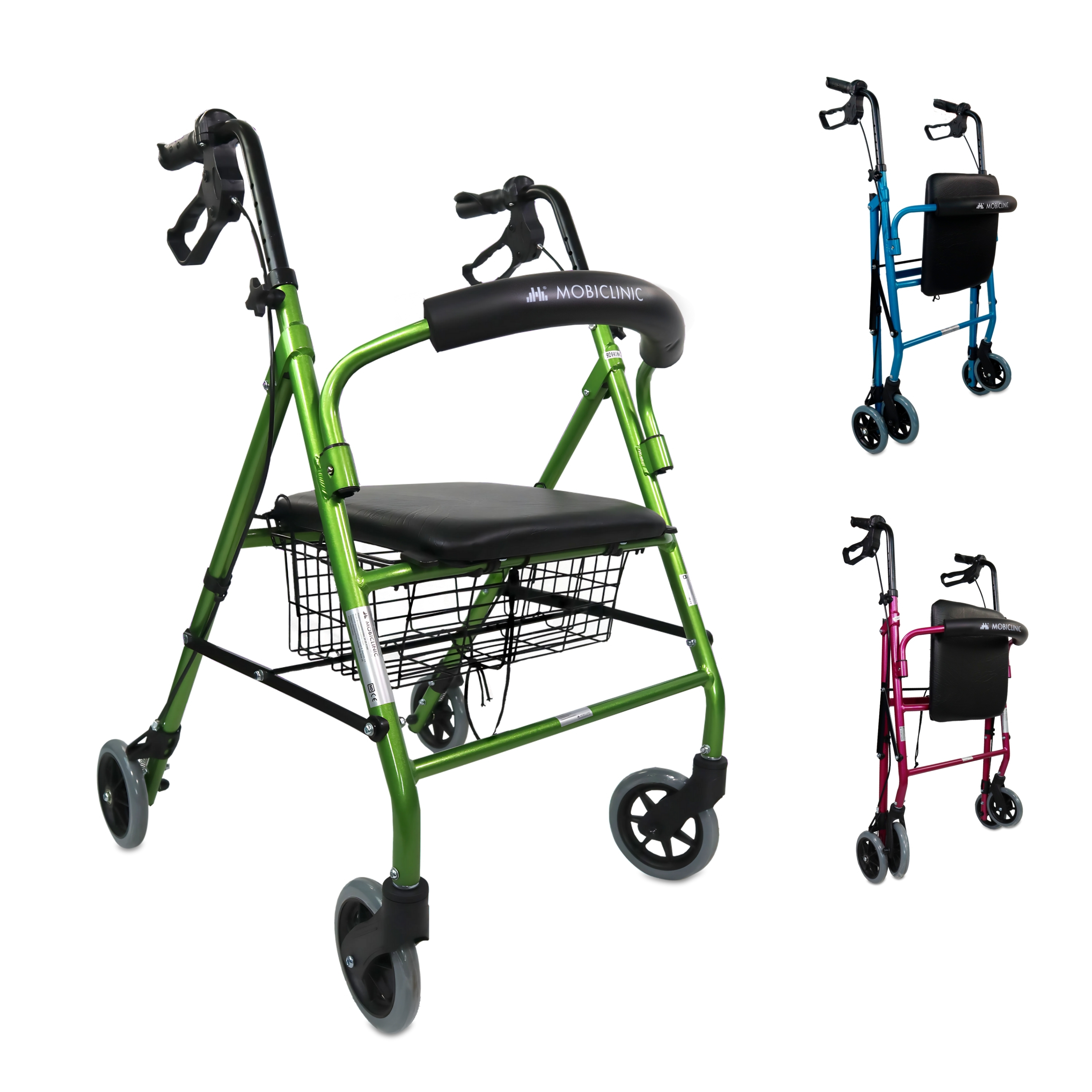 Mobiclinic® Andador para ancianos Escorial Plegable Frenos manuales y bloqueables Aluminio Con cesta Ligero y resistente Con asiento y 4 ruedas Burdeos