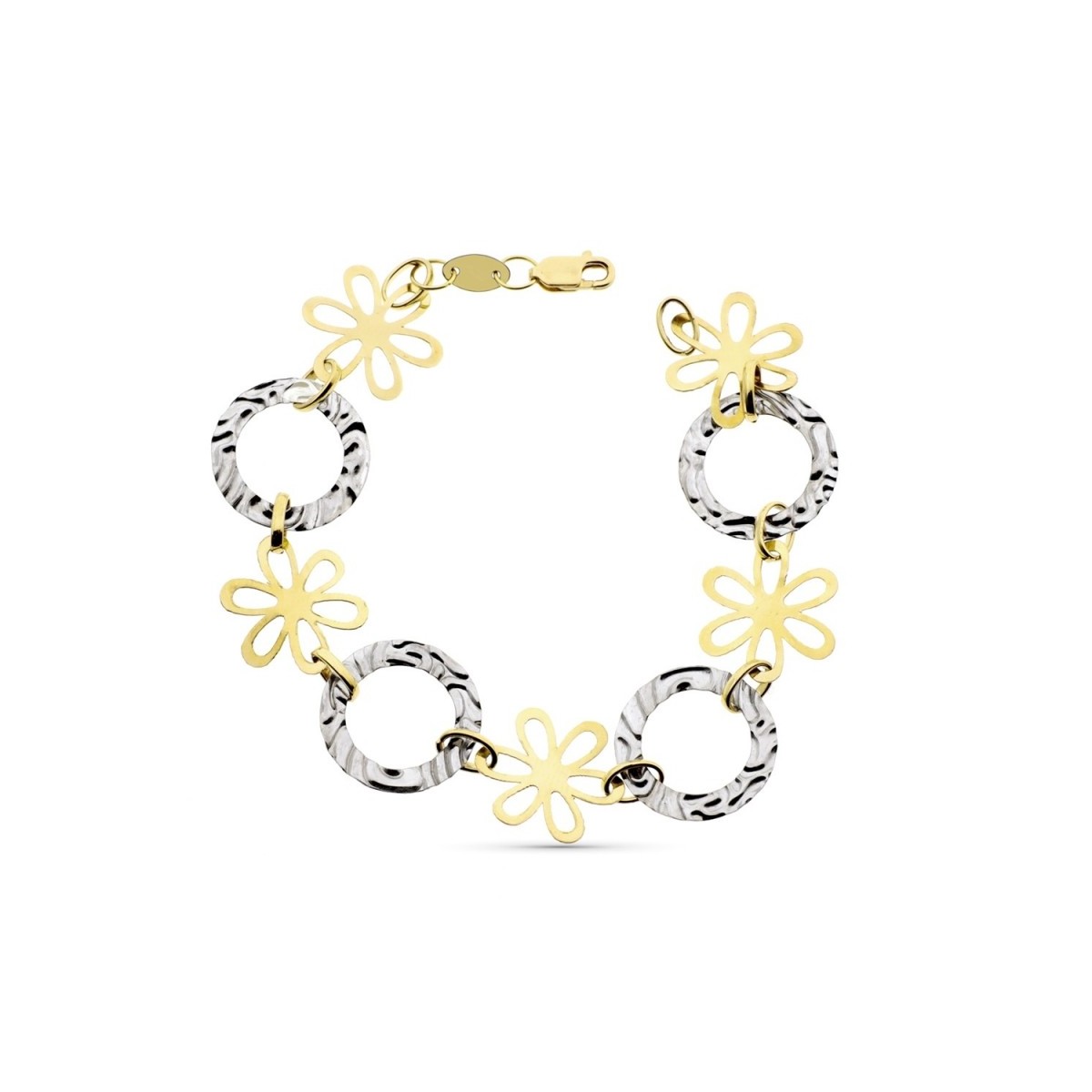 Pulsera oro bicolor 18k mujer detalles alternos flores redondos ondulaciones cierre mosquetón