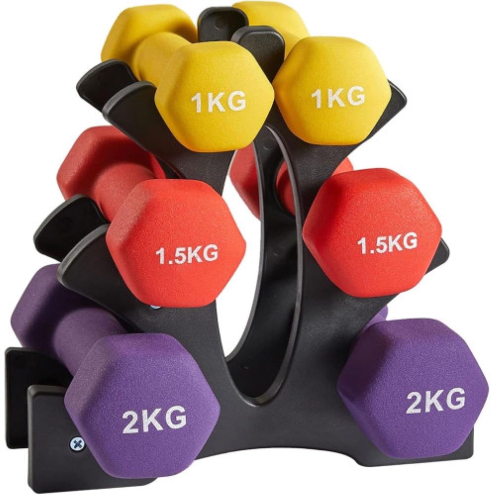 Set de 6 mancuernas 2x 1kg, 2x 1.5kg, 2x 2kg pesas con soporte para gimnasio y entrenamiento en casa COSHANO