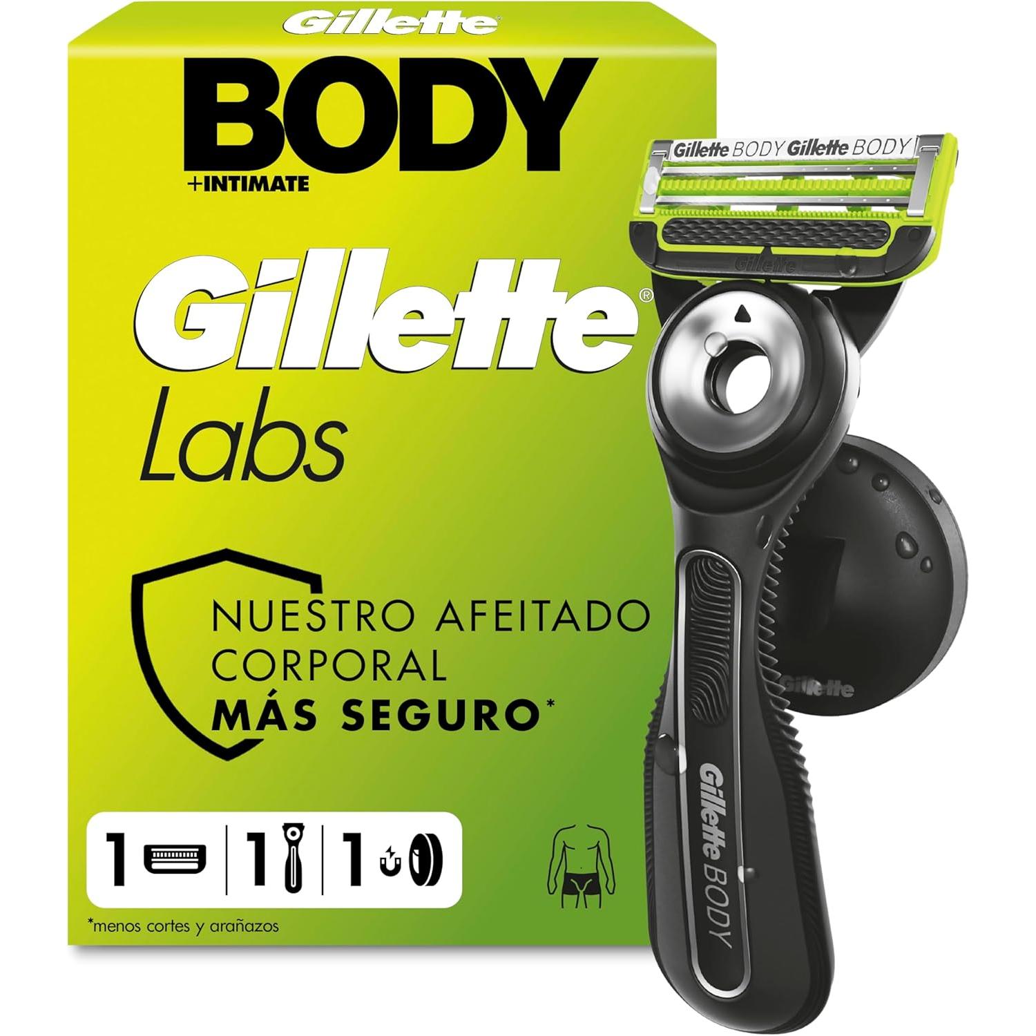 GilletteLabs Body + Intimate Maquinilla Corporal Hombre con 1 Cabezal - Mango de Goma, Cuchilla con Barra Anti-vellos Encarnados Y Soporte Magnético, Depilación Íntima Y Afeitado Corporal Masculino