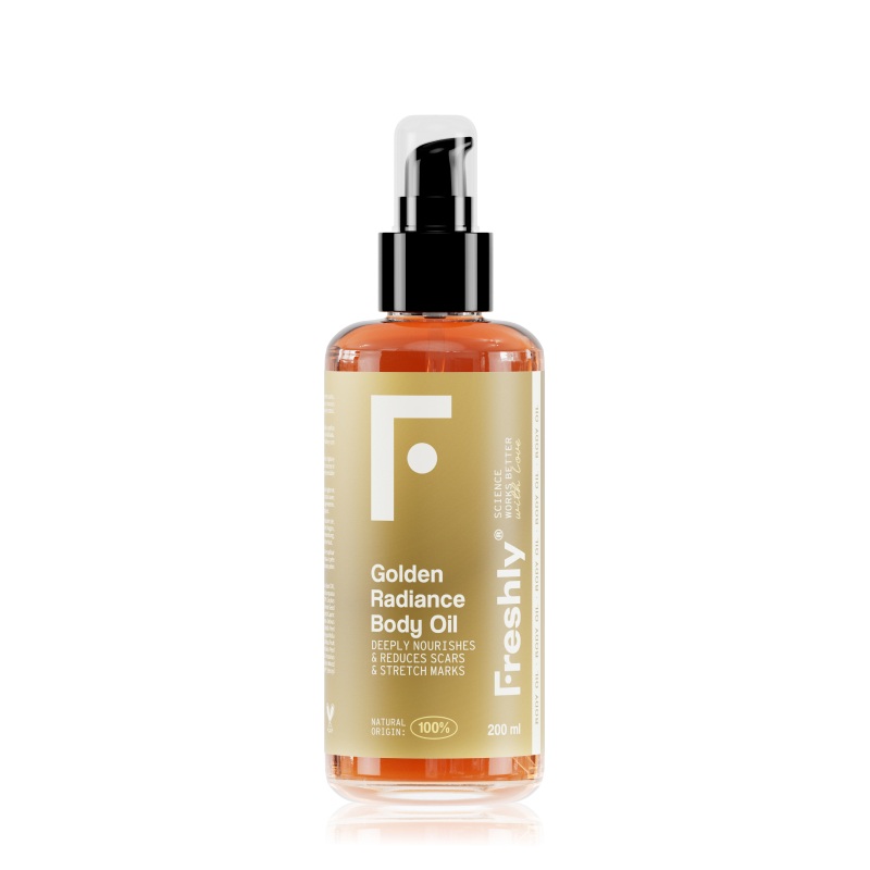 Freshly Cosmetics - Golden Radiance Body Oil - Aceite corporal 100% natural nutre, reafirma y trata estrías