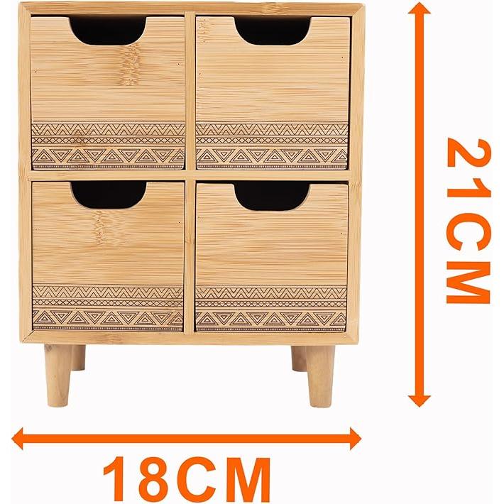 LINHOME RS02168 Mini Cajonera de Madera y Bambú con 4 Cajones para Pequeños Accesorios, 21x16x28cm - Mini Organizador para Escritorio Multiuso