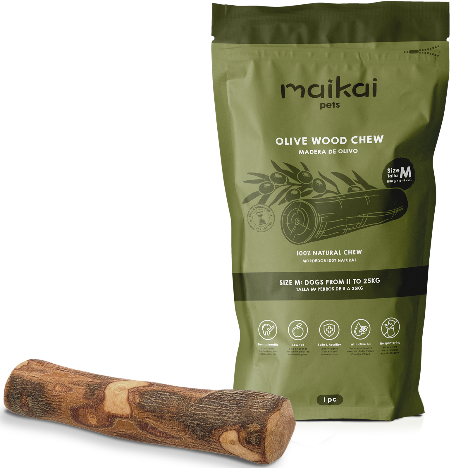 MAIKAI PETS - Palo Madera de Olivo - Mordedor Natural para Perros - Alternativa a Huesos - Alivia la Ansiedad - Elimina Sarro.
