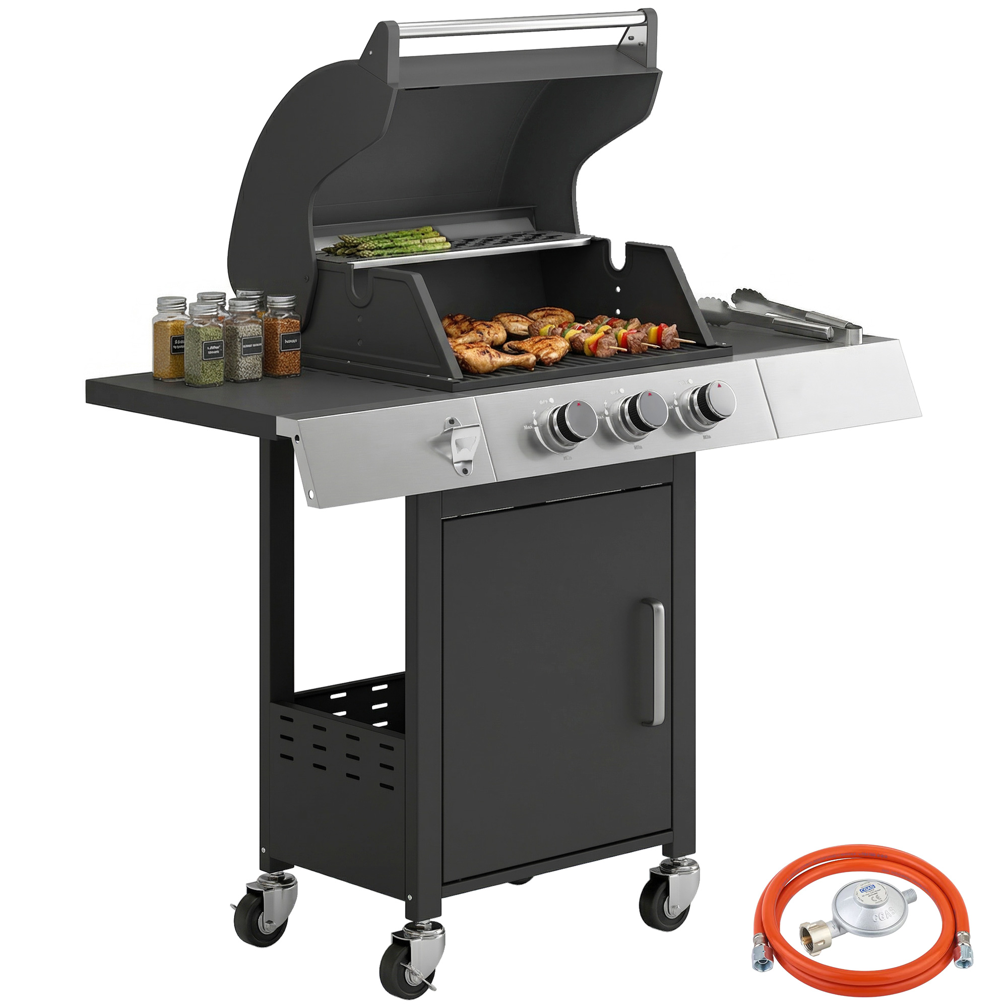 Outsunny Barbacoa de Gas BBQ Gas con 3 Quemadores 8,1 kW Barbacoa Portátil con Termómetro Mesas Laterales Armario Rejilla Calentadora Parrillas de Hierro Fundido Recogedor Grasa y 4 Ruedas Negro
