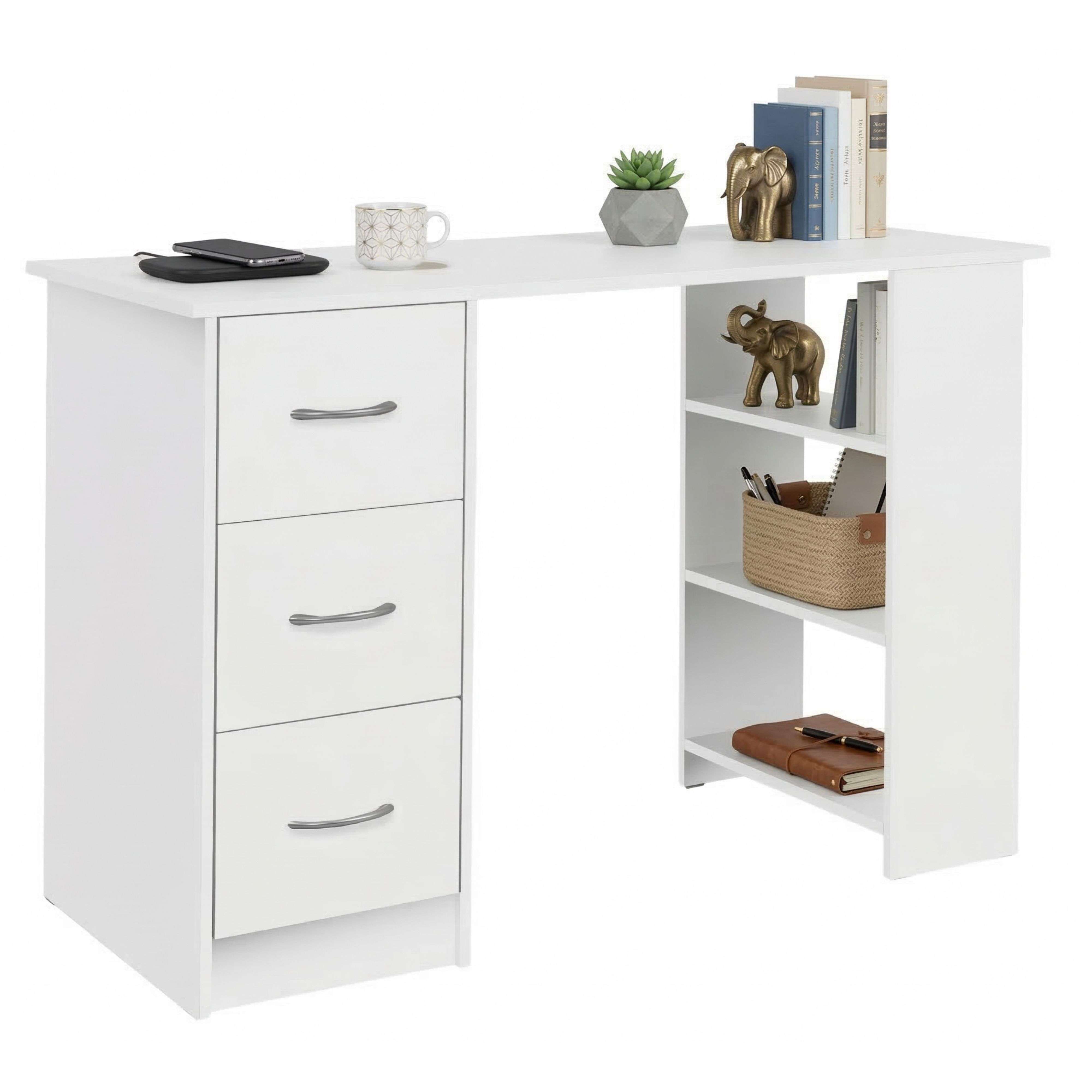 Miroytengo Escritorio con 3 Cajones Jobbi, Mesa de Ordenador 3 Estantes Blanco Mate 115x75x49 cm