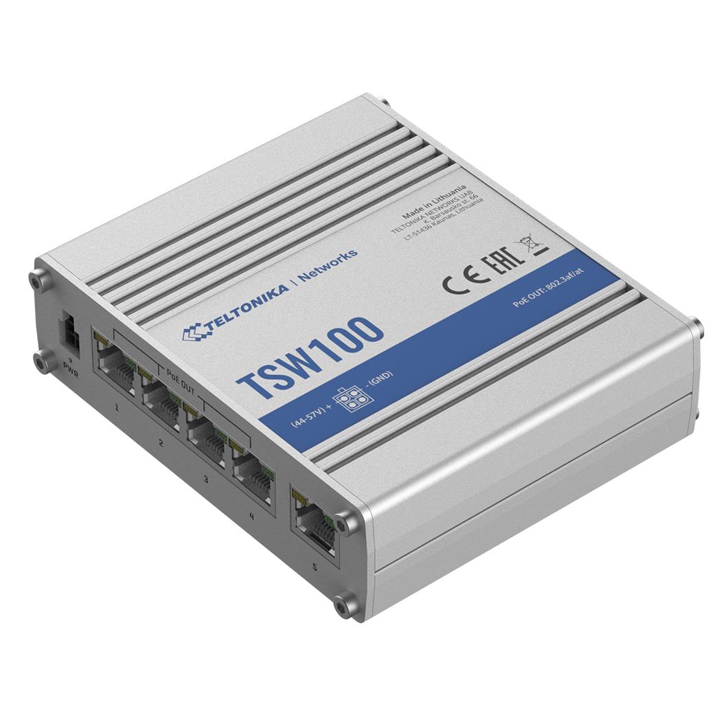 Teltonika | Switch industrial POE+ | TSW100 | No administrado | Escritorio | 5 puertos de 1 Gb/s (RJ-45) | 4 puertos PoE | 4 puertos PoE+ | 24 meses