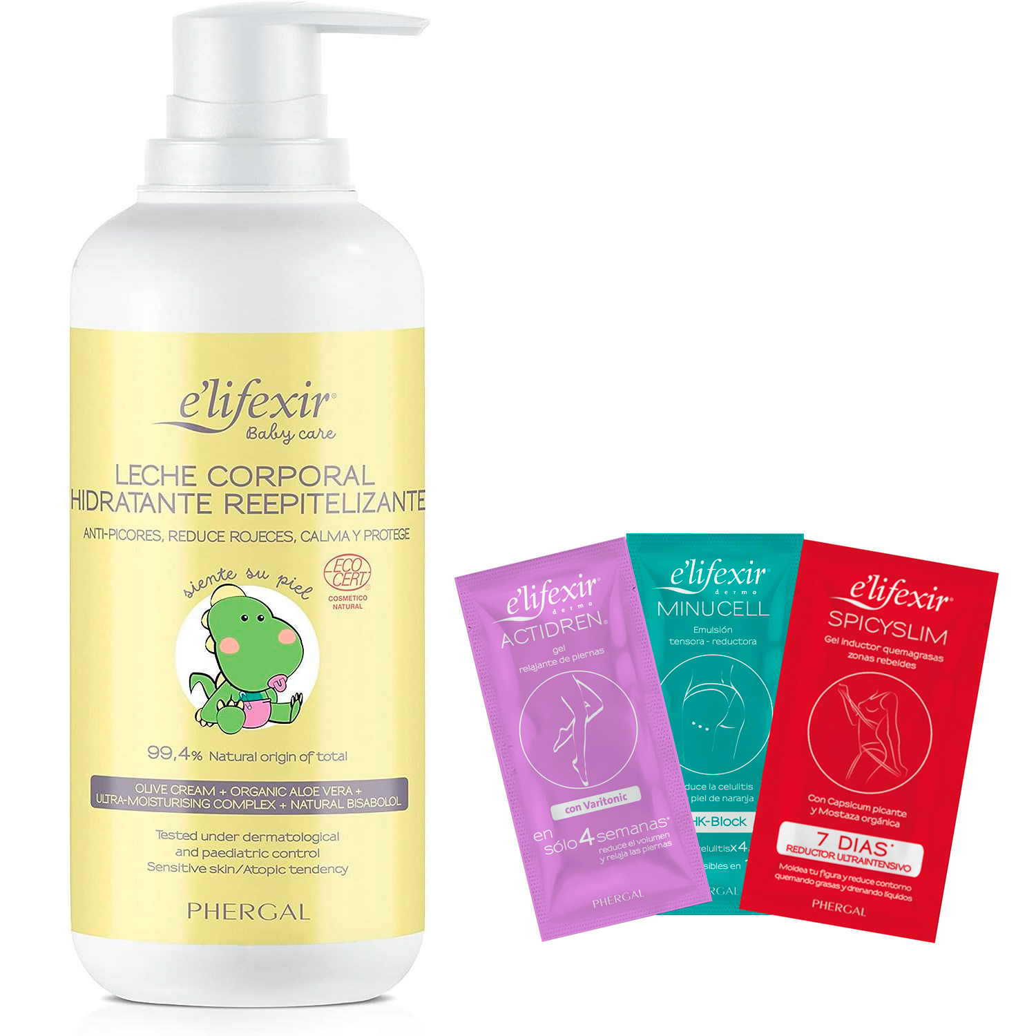 Elifexir ECO Baby Care Leche Corporal Hidratante para Bebé + Muestras | Calma y Protege | 99% Ingredientes Naturales | Hipoalergénica y Sin Parabenos | 400 ml