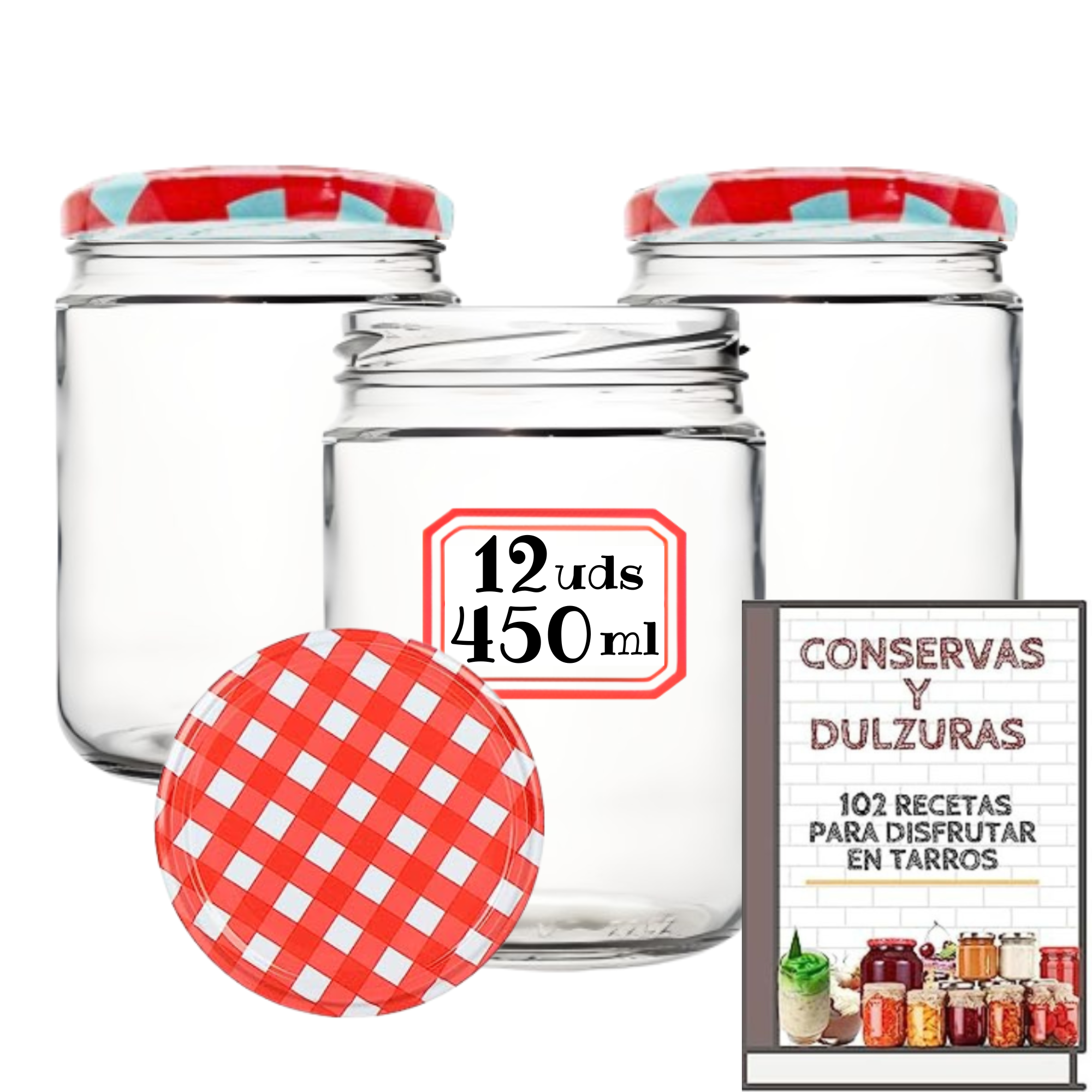 MundoTarros - 12 Tarros de Cristal de 450 ml con Tapa de Rosca Hermética de metal + Ebook de 102 Recetas - Tarros para Conservas, Mermelada, Alimentos Caseros - Incluye Etiquetas
