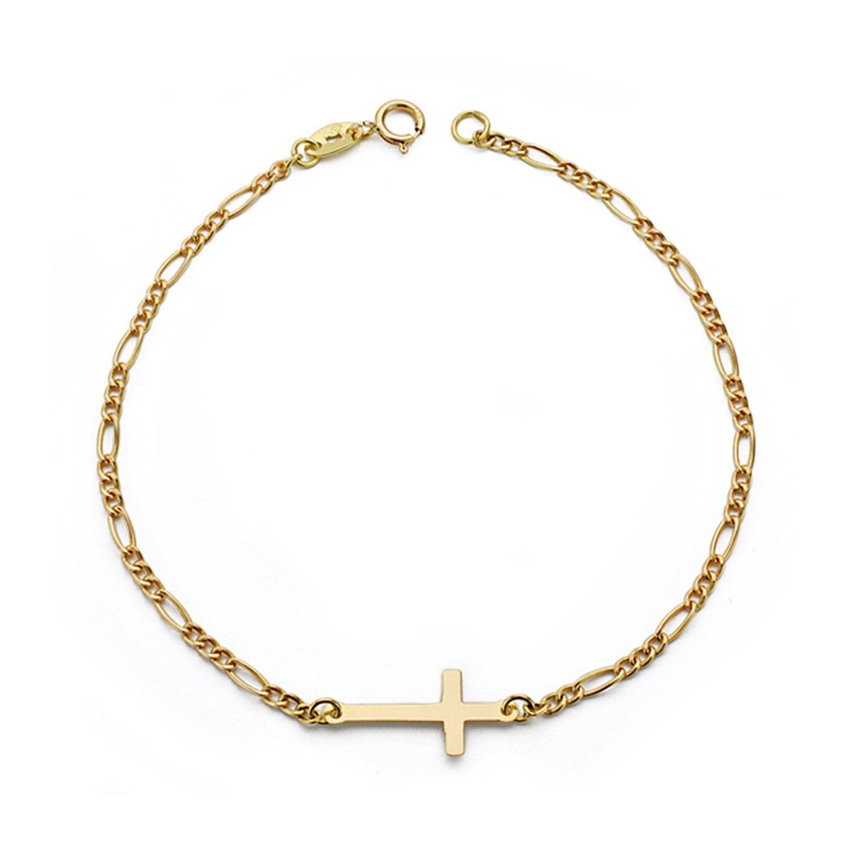 Pulsera oro 18k 18cm. cruz lisa cierre reasa eslabón alterno 3x1 mujer
