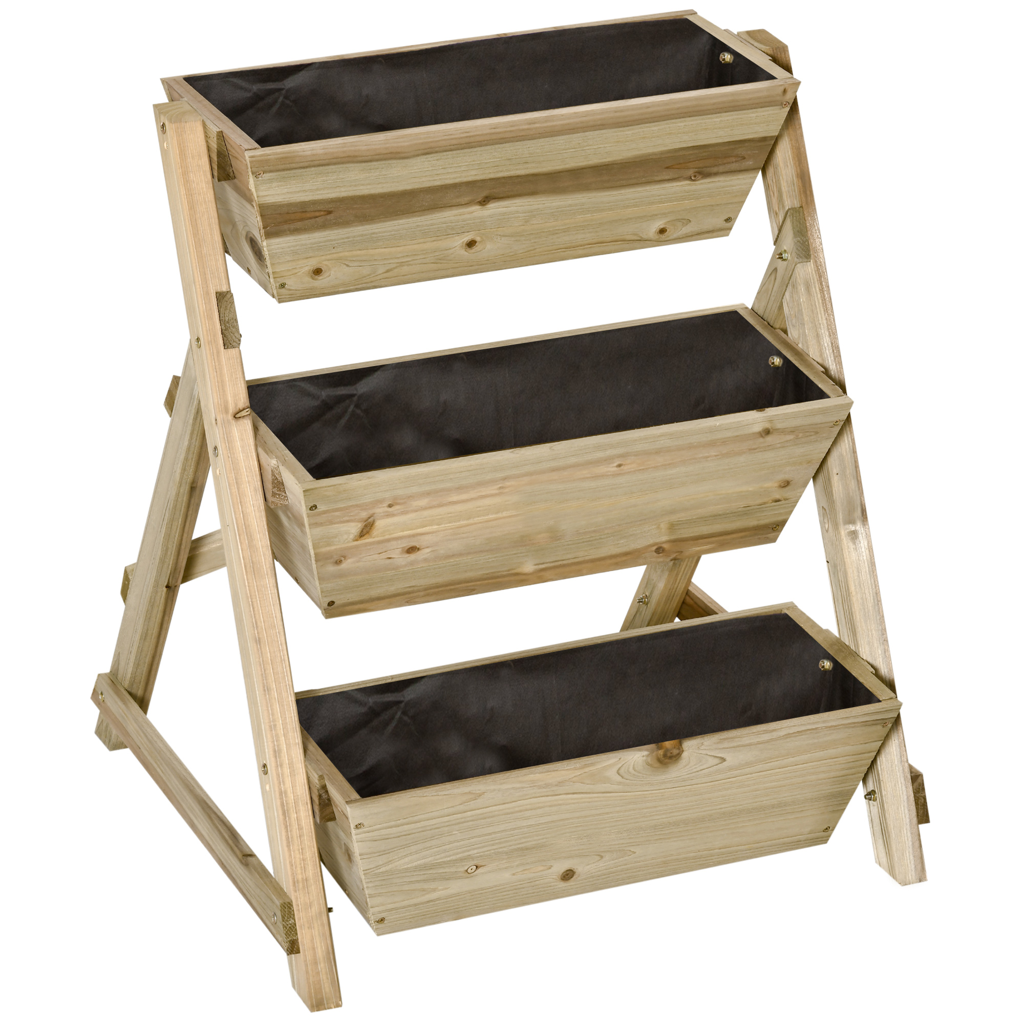 Outsunny Jardinera de Escalera de 3 Pisos Maceteros de Madera con Tela no Tejida y Orificios de Drenaje Huerto Urbano para Plantas Macetas Flores Jardín 71x61x77 cm Natural