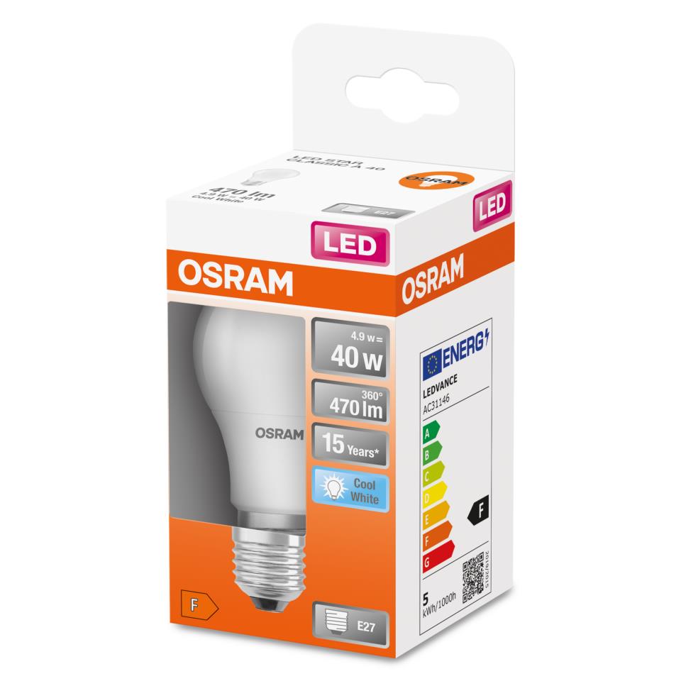 Osram - Bombilla LED A60 CLASSIC 4,9w 840 E-27 opal de forma clásica para luces interiores, lámparas de techo y apliques pared interior, 470 lm, 10.000 horas, ideal para salón, dormitorio y cocina