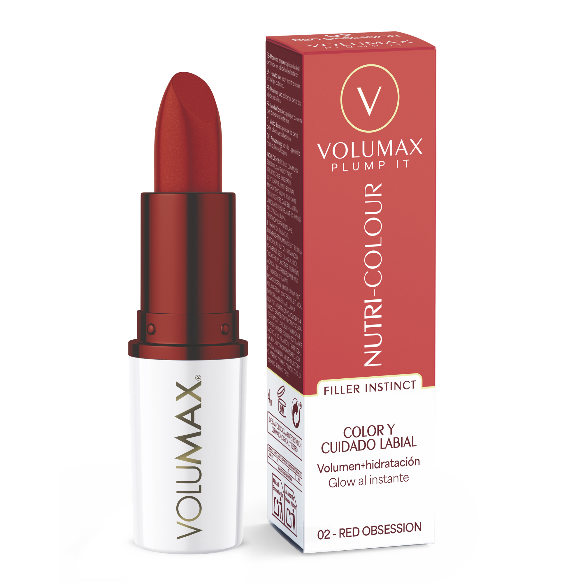 Volumax Plump It Nutri-Colour | Tratamiento Labial Antiedad | Color Duradero, Volumen y Cuidado Clínico | Labios Rellenos y Definidos | Hidratación 24H | RED OBSESSION 02 | 4gr
