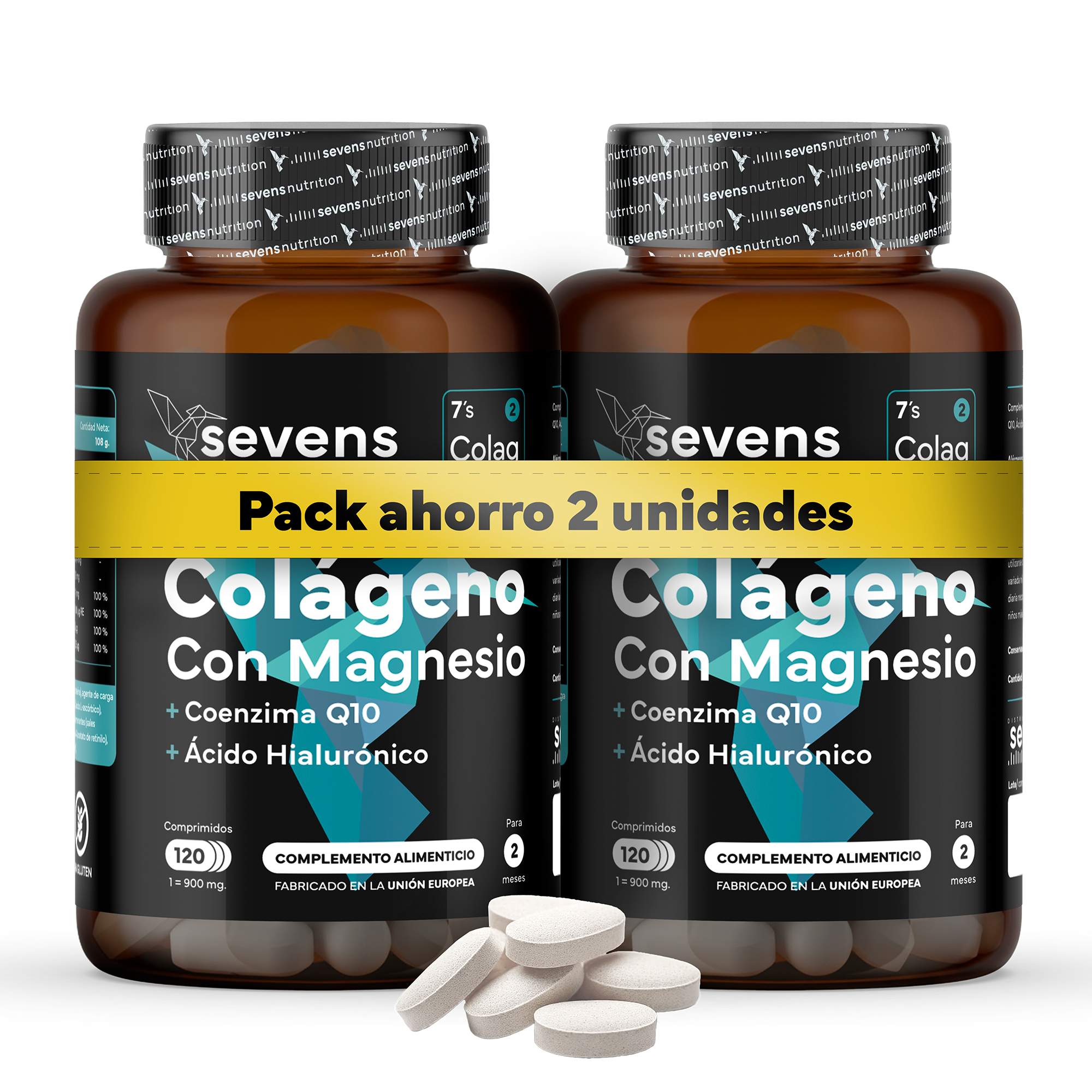 Pack 2x Colágeno Marino con Magnesio, Ácido Hialurónico y Coenzima Q10 – 240 Comprimidos – Con Vitaminas y Zinc – Sevens Nutrition