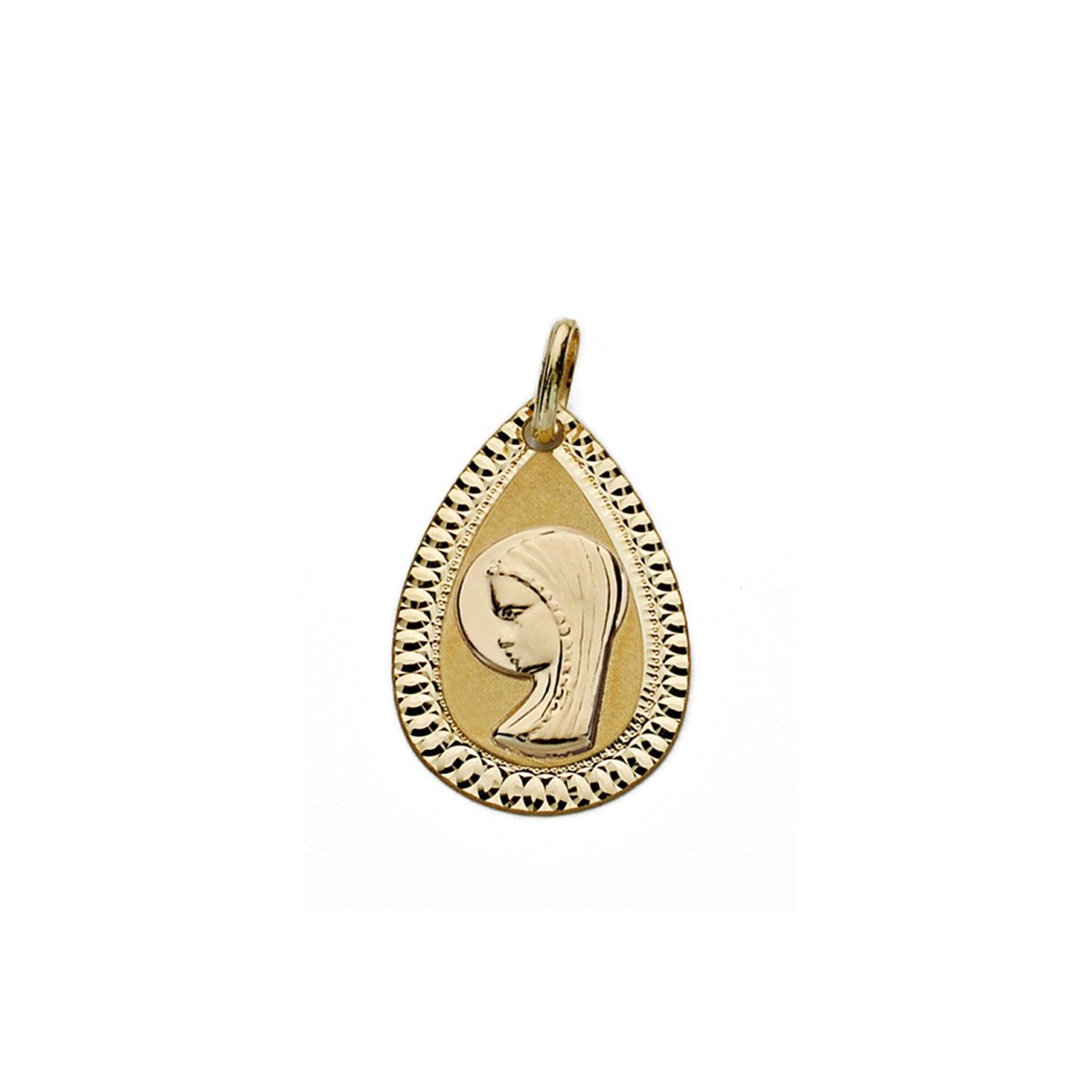 Medalla oro 9k Virgen Niña 20mm. forma lágrima cerco tallado brillo mate