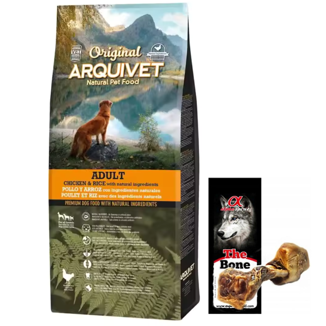 Pienso para Perros Original Adult + Hueso de jamon - Adultos - Pollo y arroz - Comida para Perros - Alimento seco para Perros - Alimentación Canina - Pienso Saludable Arquivet