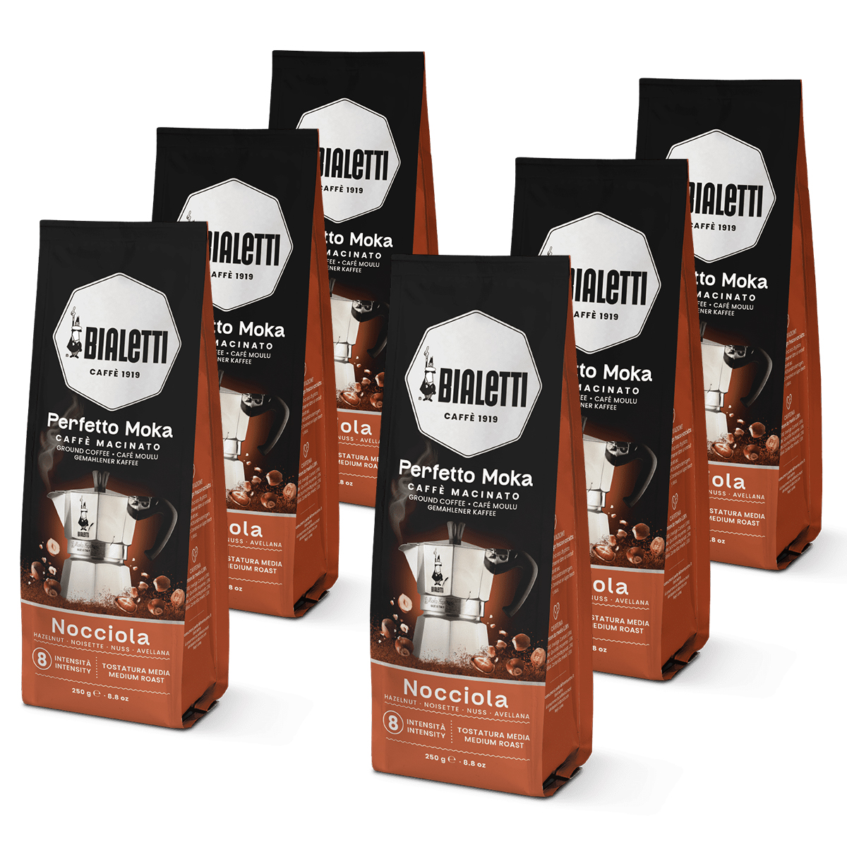 Bialetti Café Molido Italiano - Perfetto Moka: Clásico, Intenso, Vainilla, Avellana, Chocolate, Descafeinado y Delicato -  6 paquetes de 250 gr cada uno (1,5 kg)  Café de alta calidad