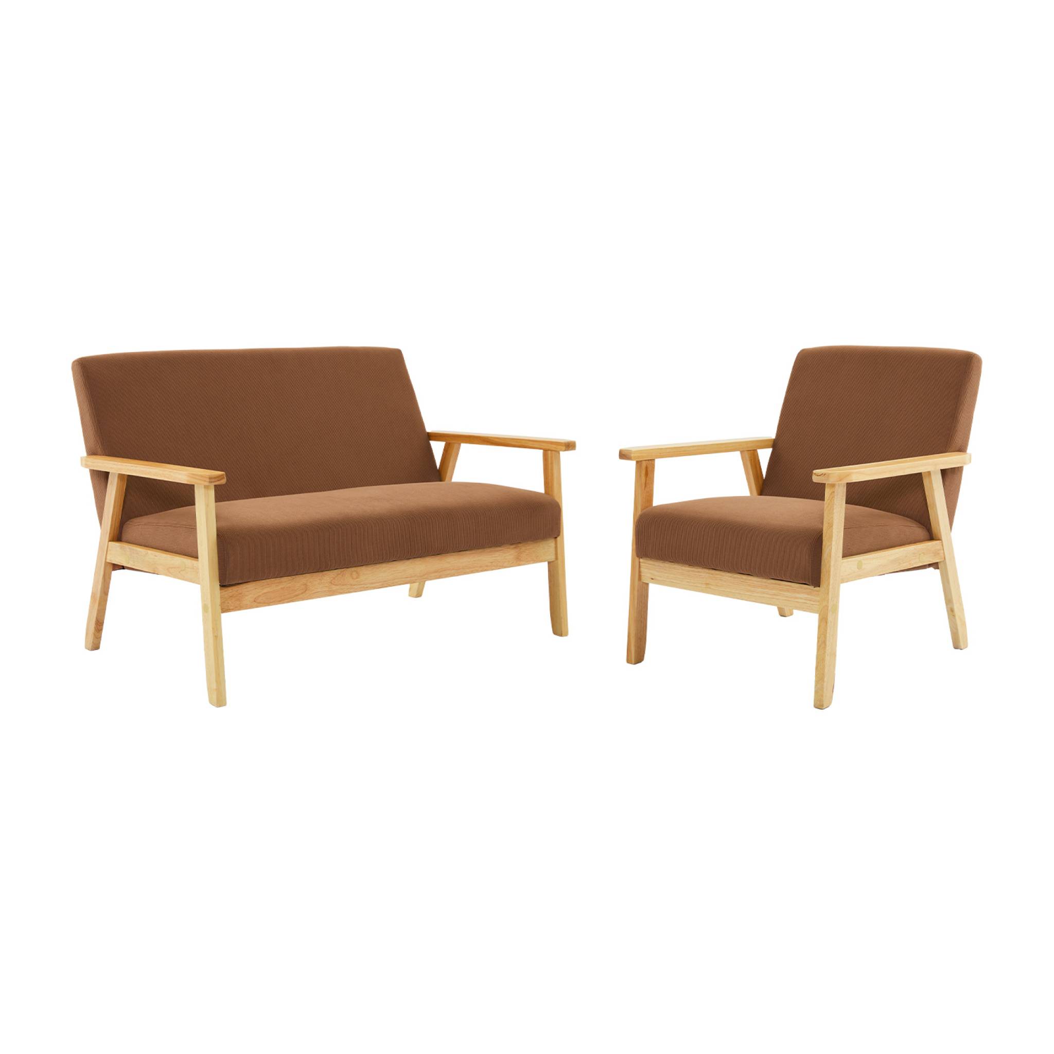 Sofá de 2 plazas y sillón de pana con patas de madera