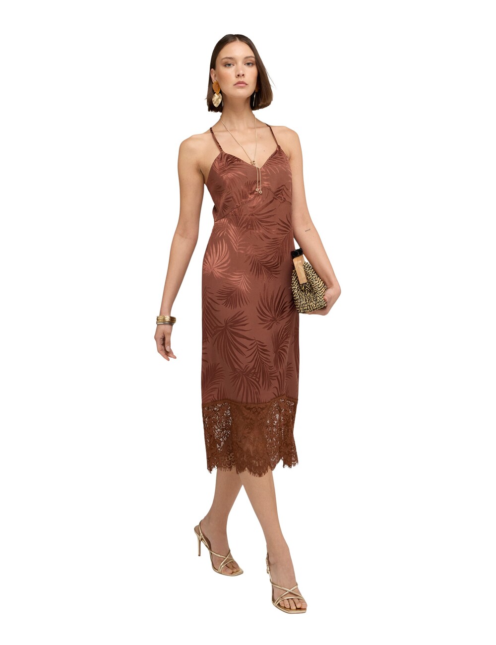 Motivi - Vestido tubo en raso jacquard con encaje