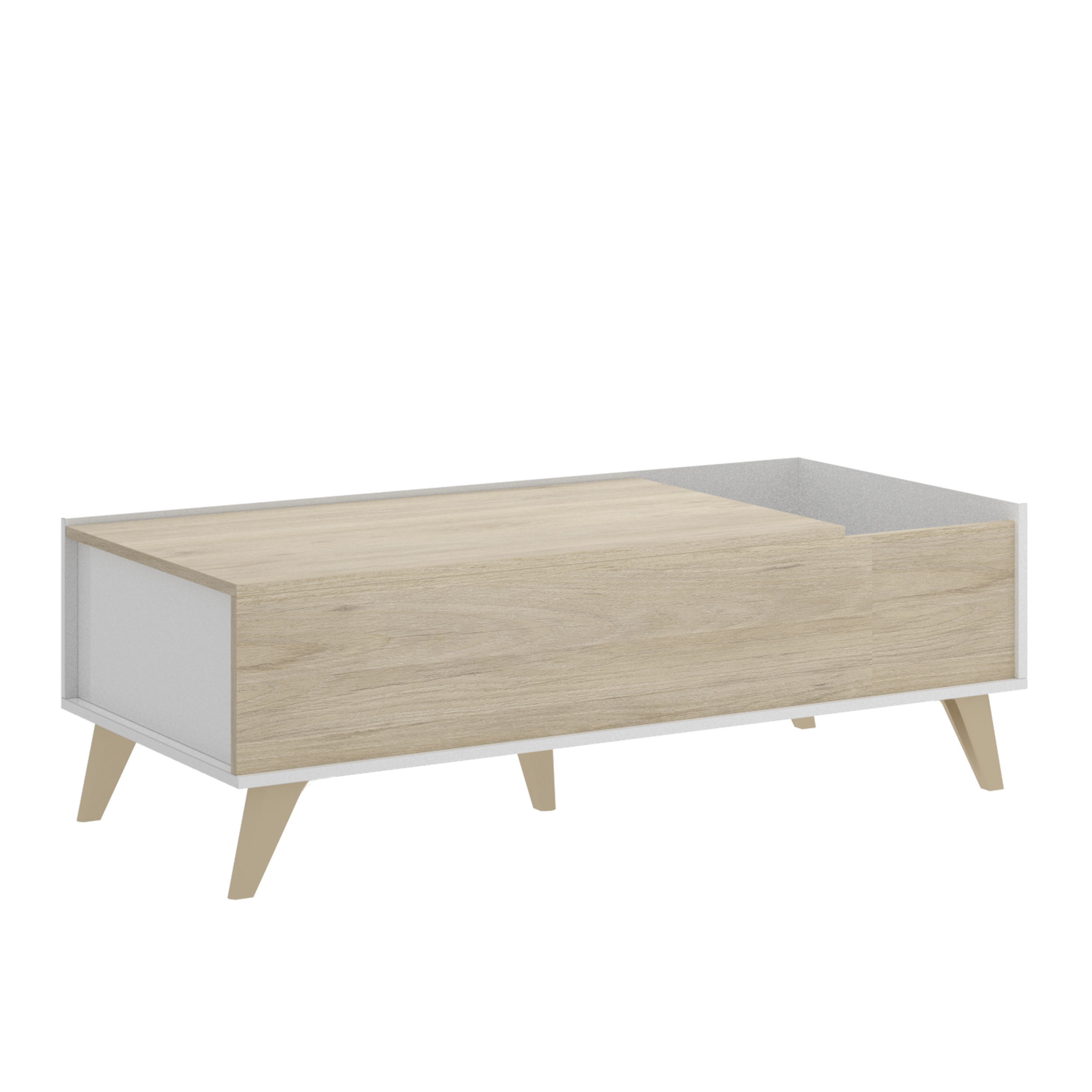 Dekit Mesa de Centro Elevable NESS con Hueco Revistero y Compartimento Cerrado - Blanco / Natural 41x99x60