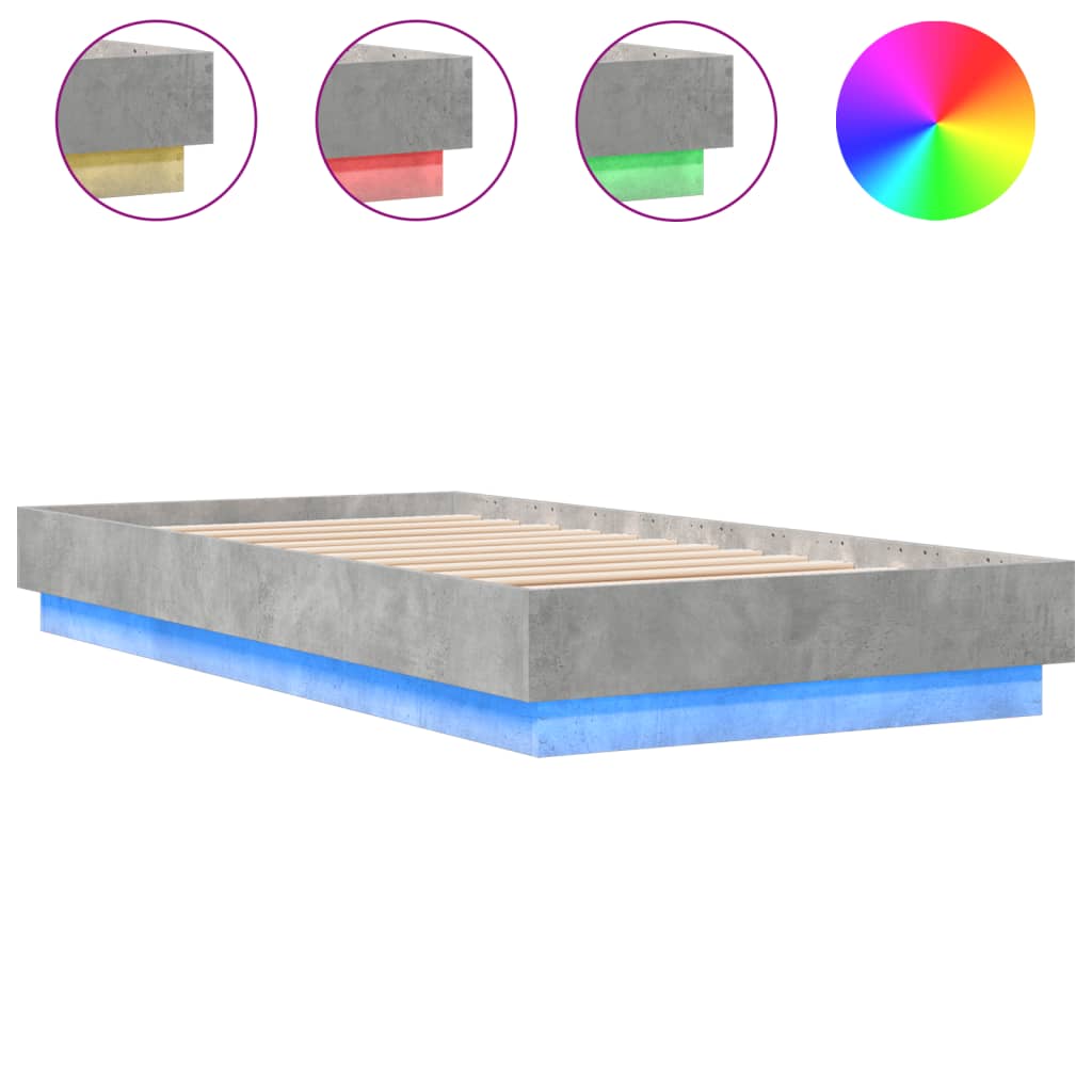 vidaXL Estructura de cama con luces LED gris hormigón 75x190 cm