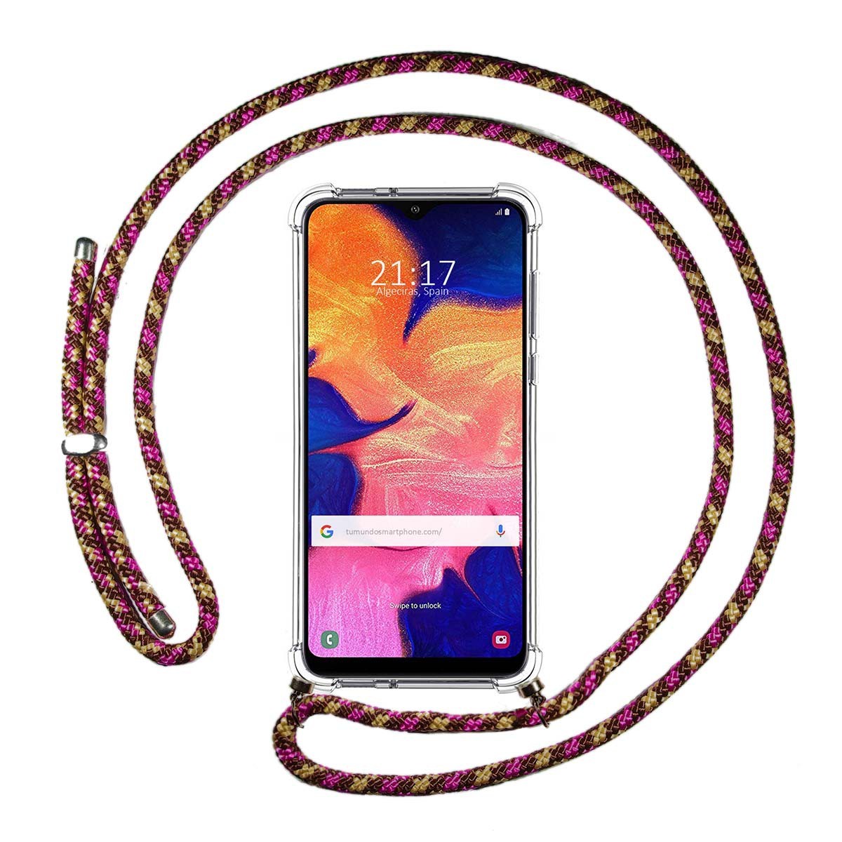Tumundosmartphone Funda Colgante Transparente para Samsung Galaxy A10 con Cordon Rosa / Dorado