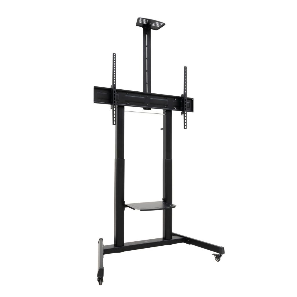 Tooq - Soporte de suelo AQUILES FS20406HM-B para televisores 60 a 100 pulgadas, carga hasta 130 kg, acero negro, ajuste de altura 1180-1630 mm