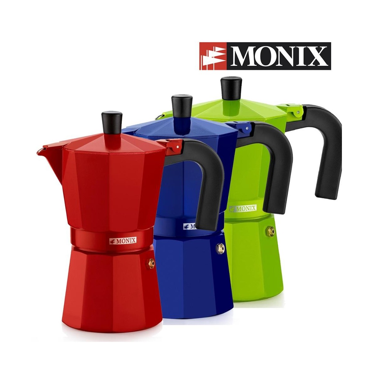 Monix - Cafetera Italiana de Aluminio. Fresa, cobalto o Lima. De 3 a 9  tazas. Para cocina de gas, vitroceramica y eléctrica