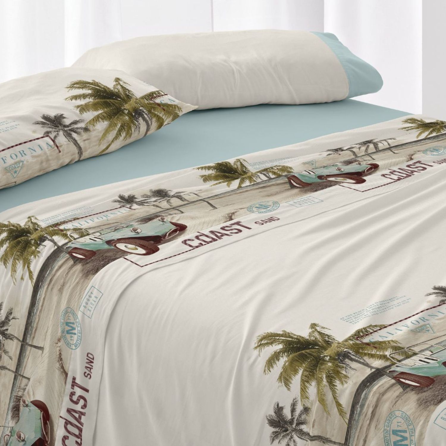 Juego Sábanas BURRITO BLANCO 50% Algodón Diseño Vintage Playa Agua Marina - Tacto Suave, Fácil Planchado, Alta Durabilidad - Cama 90-200cm
